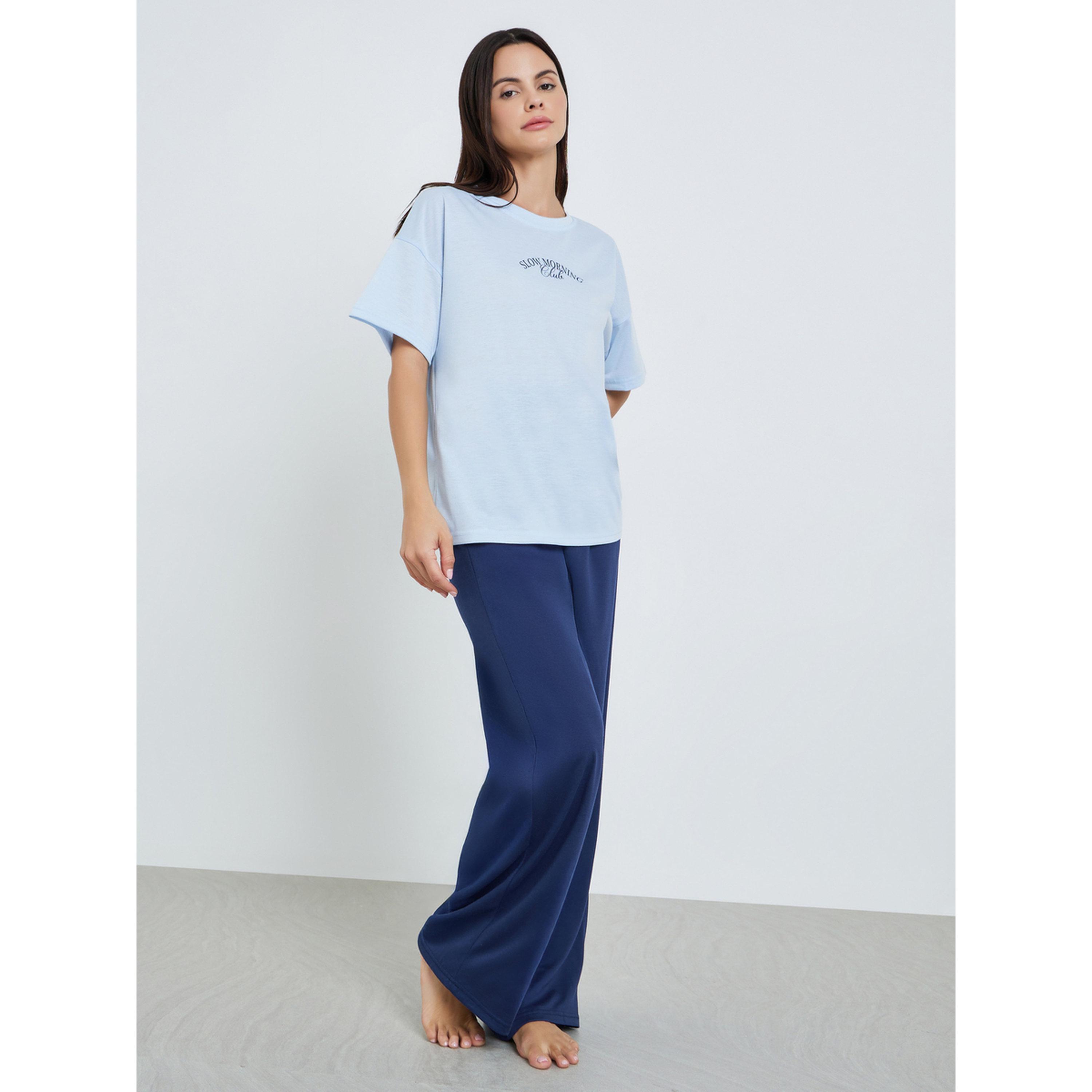 Styli Women Blue Printed T-Shirt and Pyjama Set-women-clothing-nightwear-pyjamas-longsets-image-2