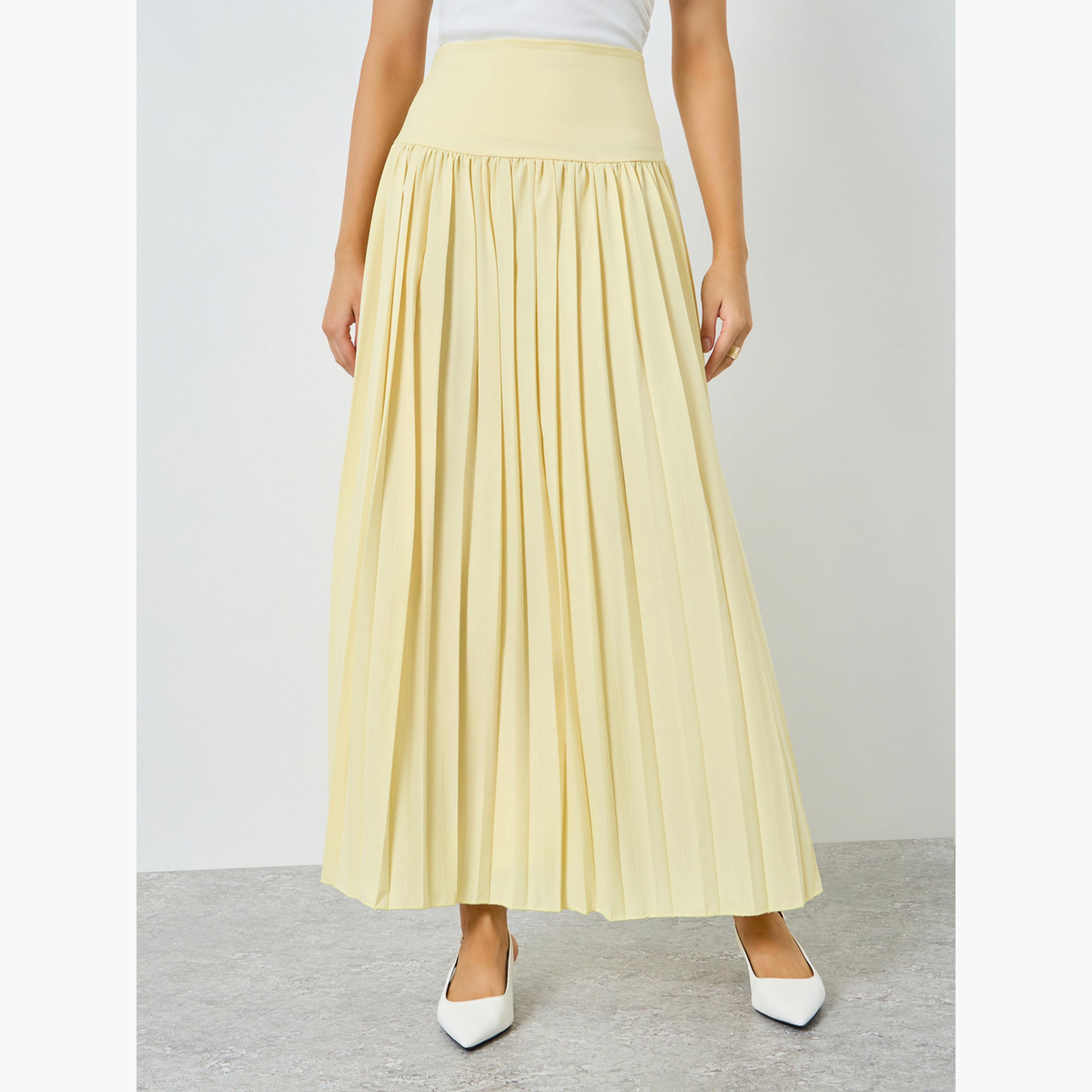 Styli Women Yellow Pleated A-Line Maxi Skirt-women-clothing-bottoms-skirts-image-1