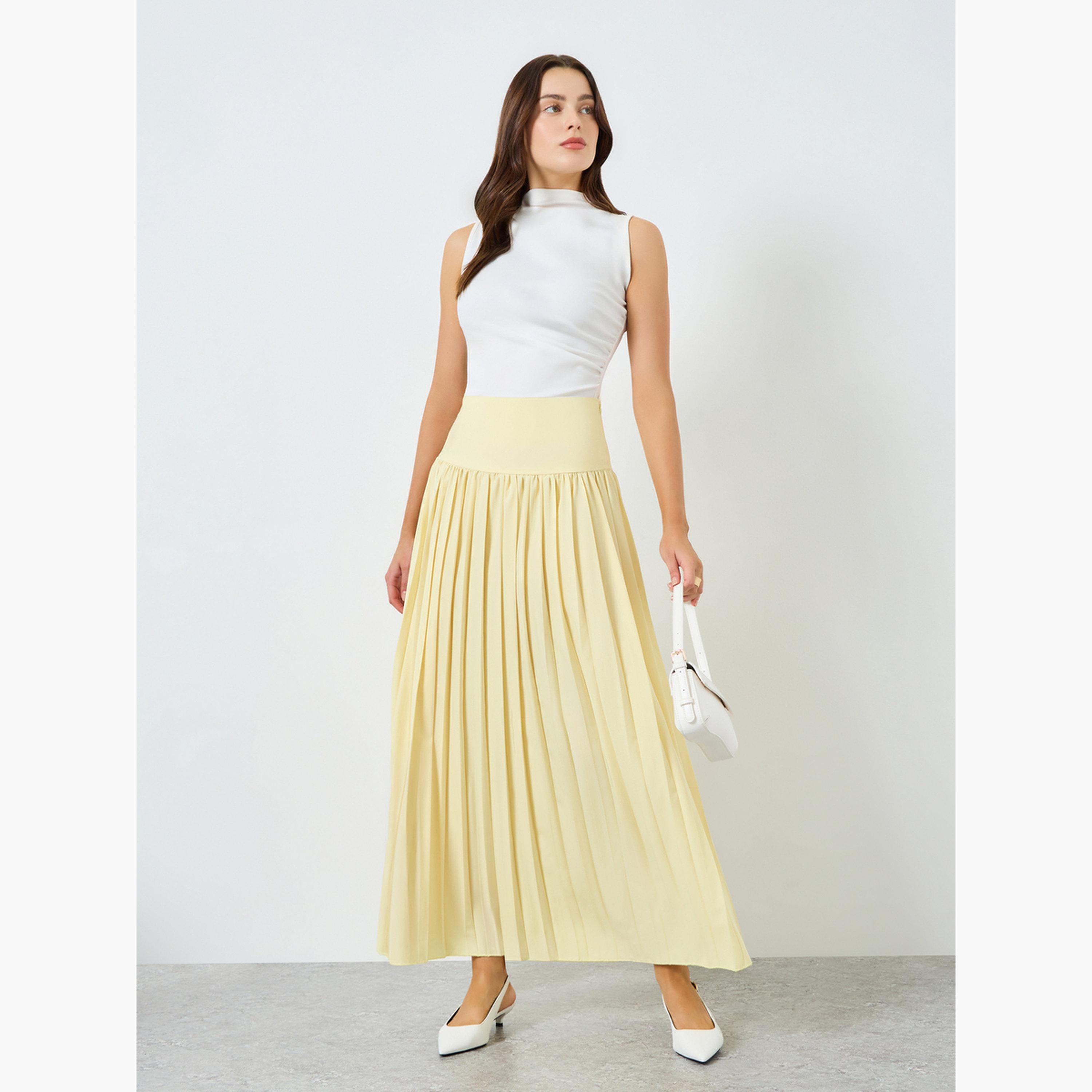 Styli Women Yellow Pleated A-Line Maxi Skirt-women-clothing-bottoms-skirts-image-2