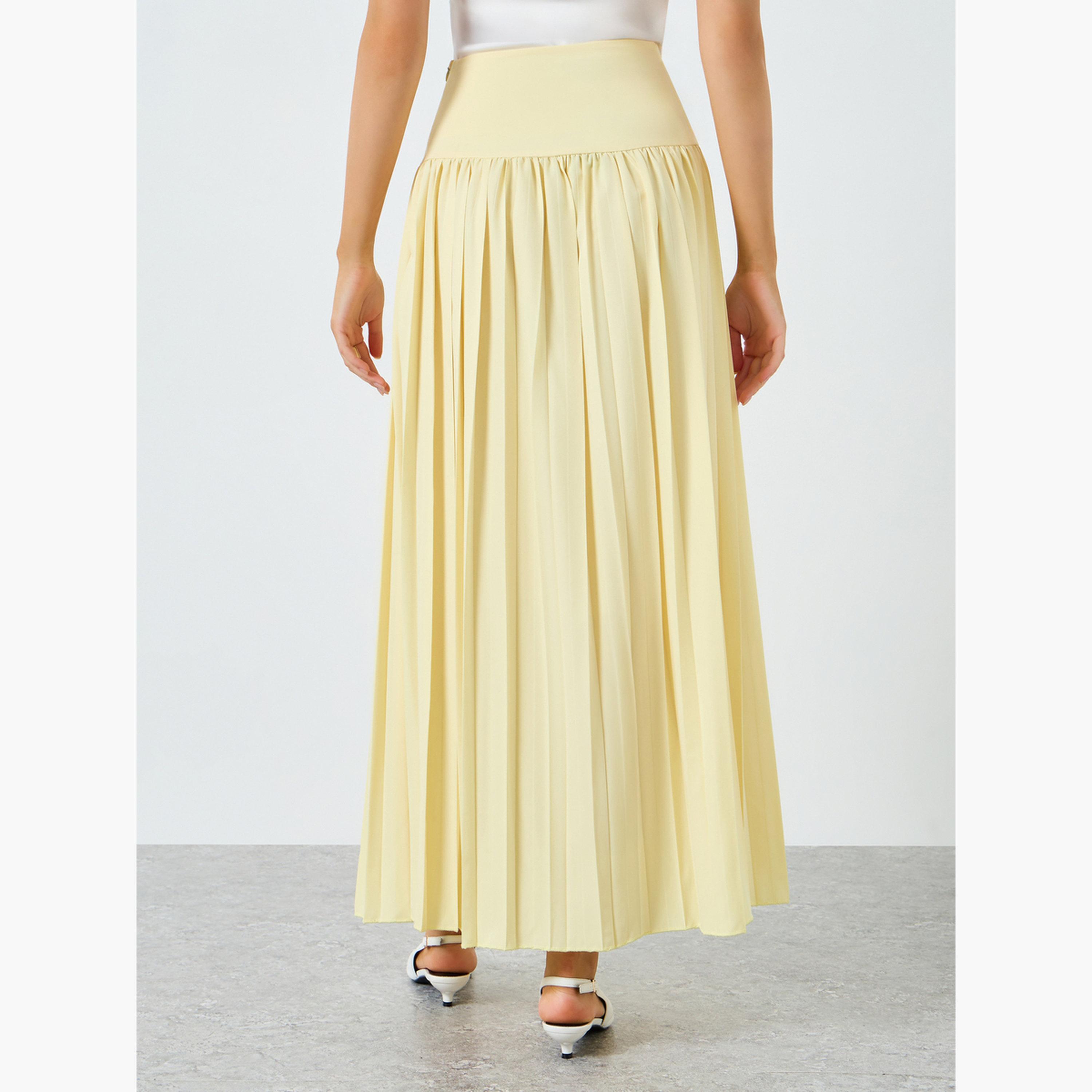 Styli Women Yellow Pleated A-Line Maxi Skirt-women-clothing-bottoms-skirts-image-4