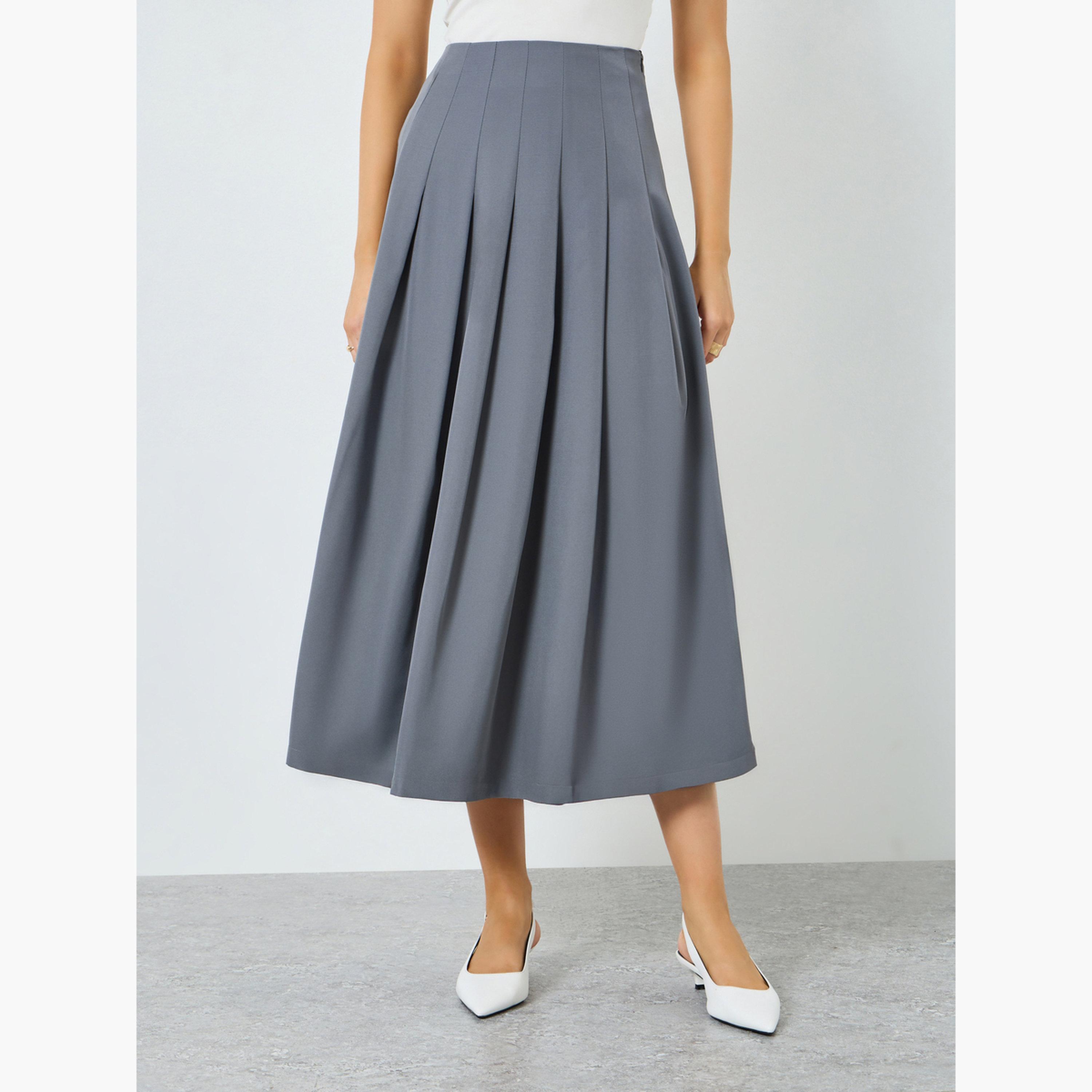 Styli Women Grey Pleated A-Line Maxi Skirt-women-clothing-bottoms-skirts-image-1