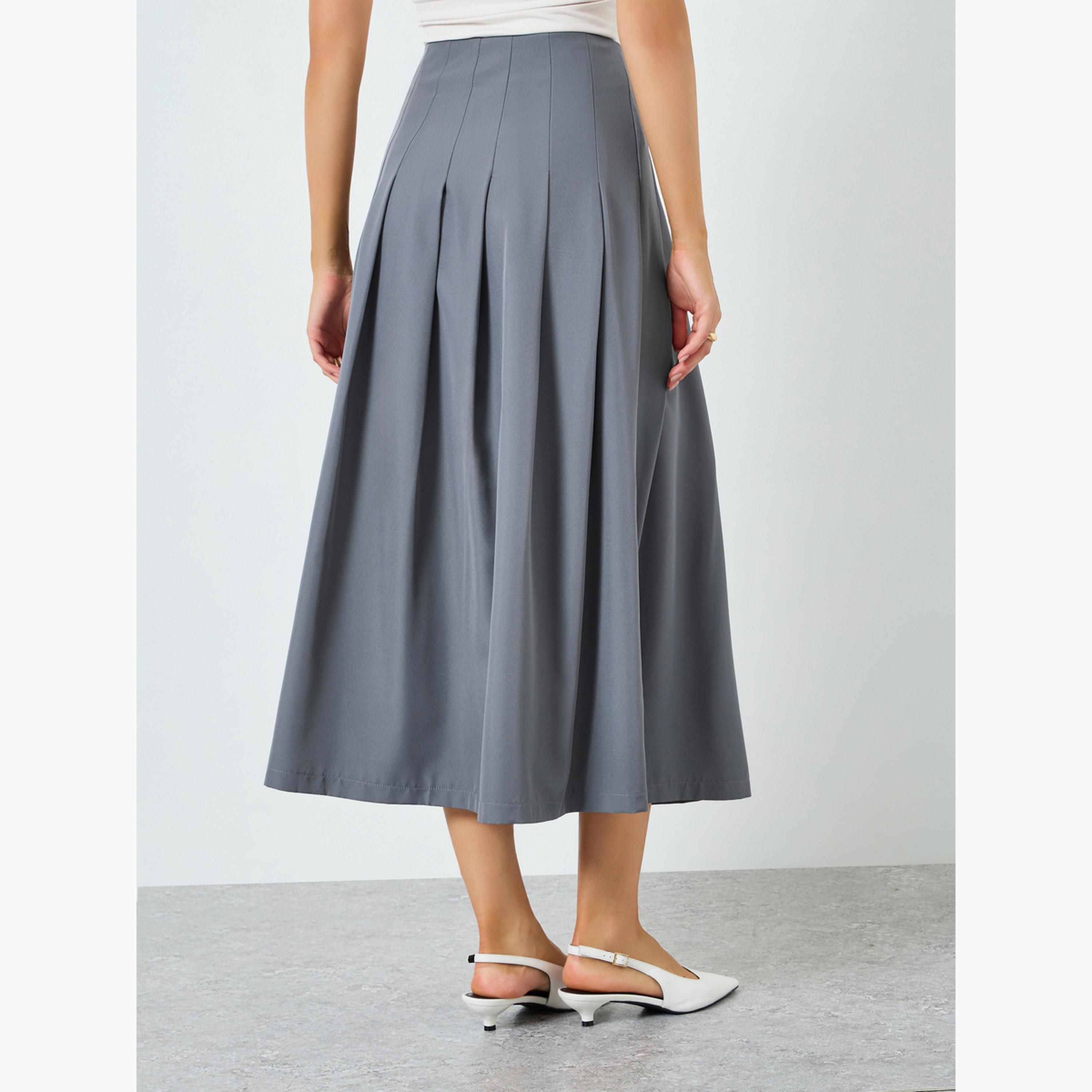 Styli Women Grey Pleated A-Line Maxi Skirt-women-clothing-bottoms-skirts-image-4