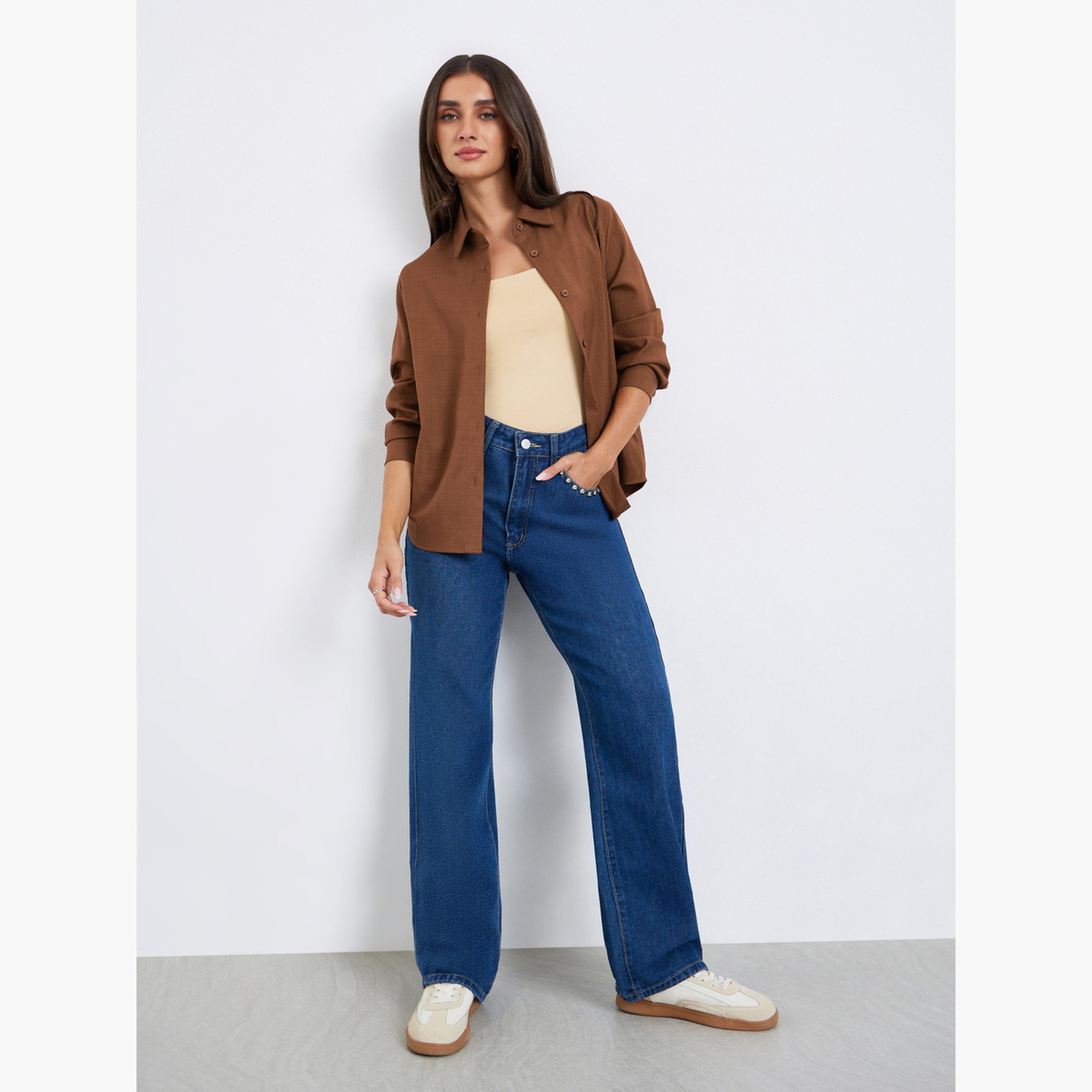 Styli Women Brown Long Sleeved Oversize Shirt-women-clothing-shirtsandblouses-shirts-image-2