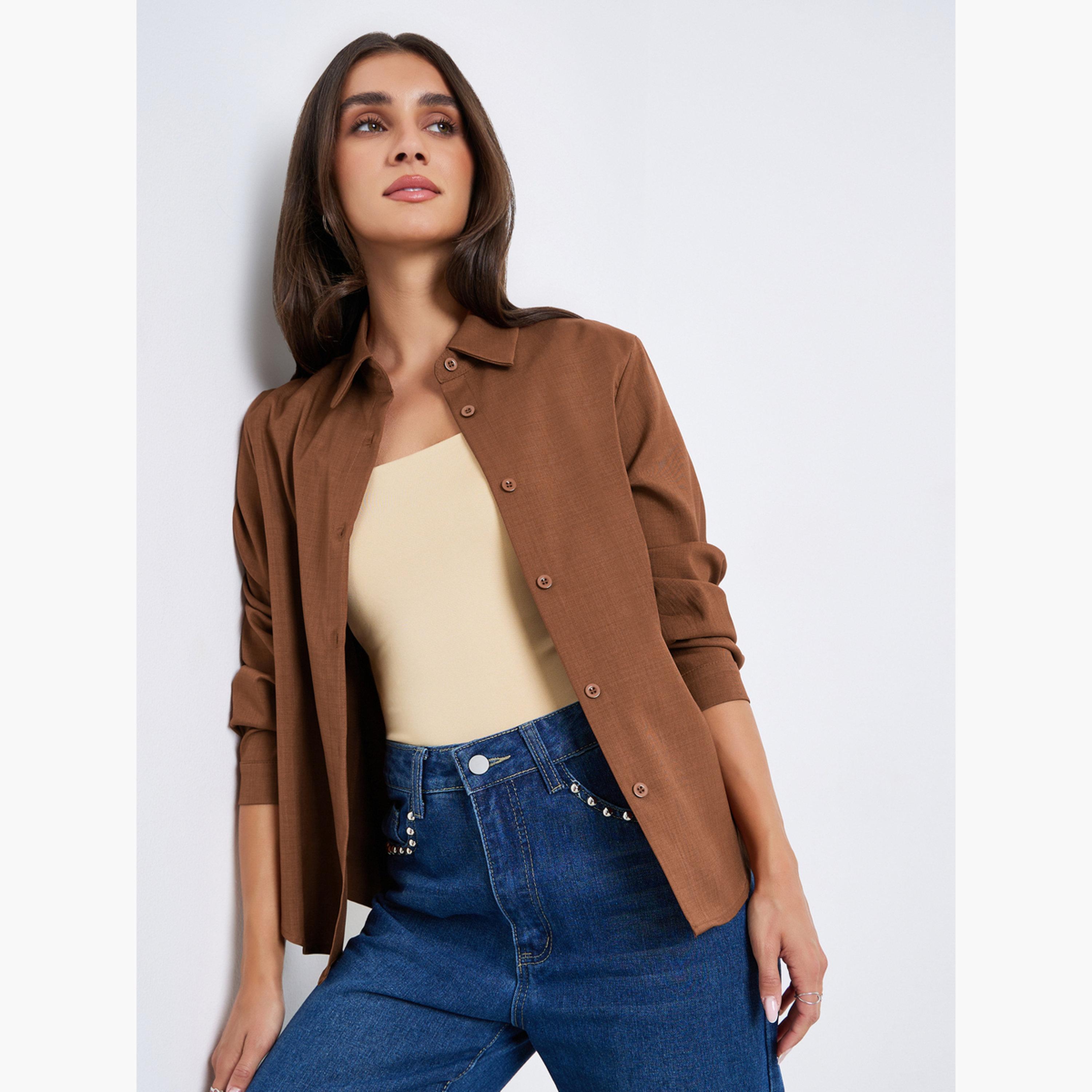 Styli Women Brown Long Sleeved Oversize Shirt-women-clothing-shirtsandblouses-shirts-image-3
