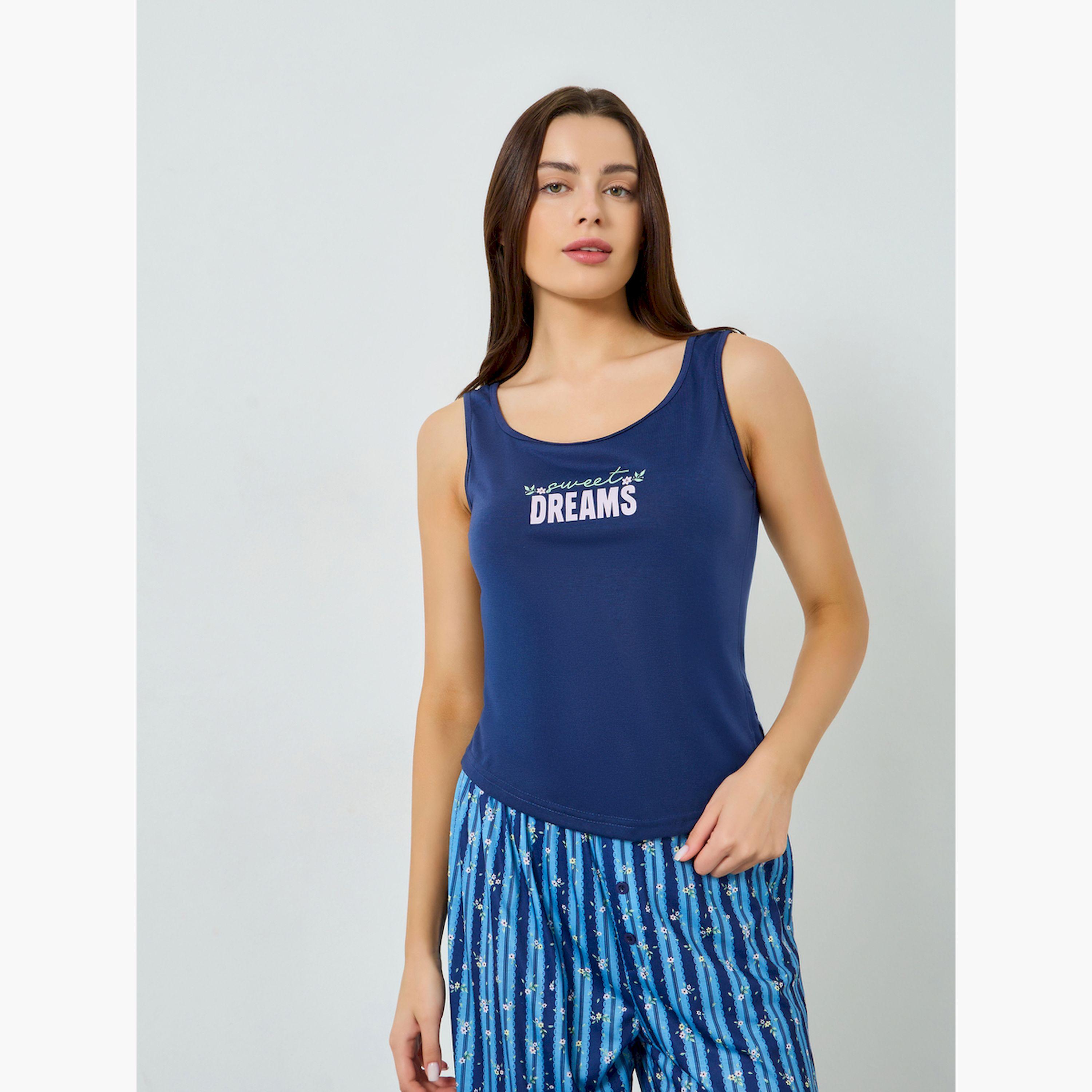 مجموعة من بيجاما مخططة وبلوزة تانك بشعار-women-clothing-nightwear-pyjamas-longsets-image-3