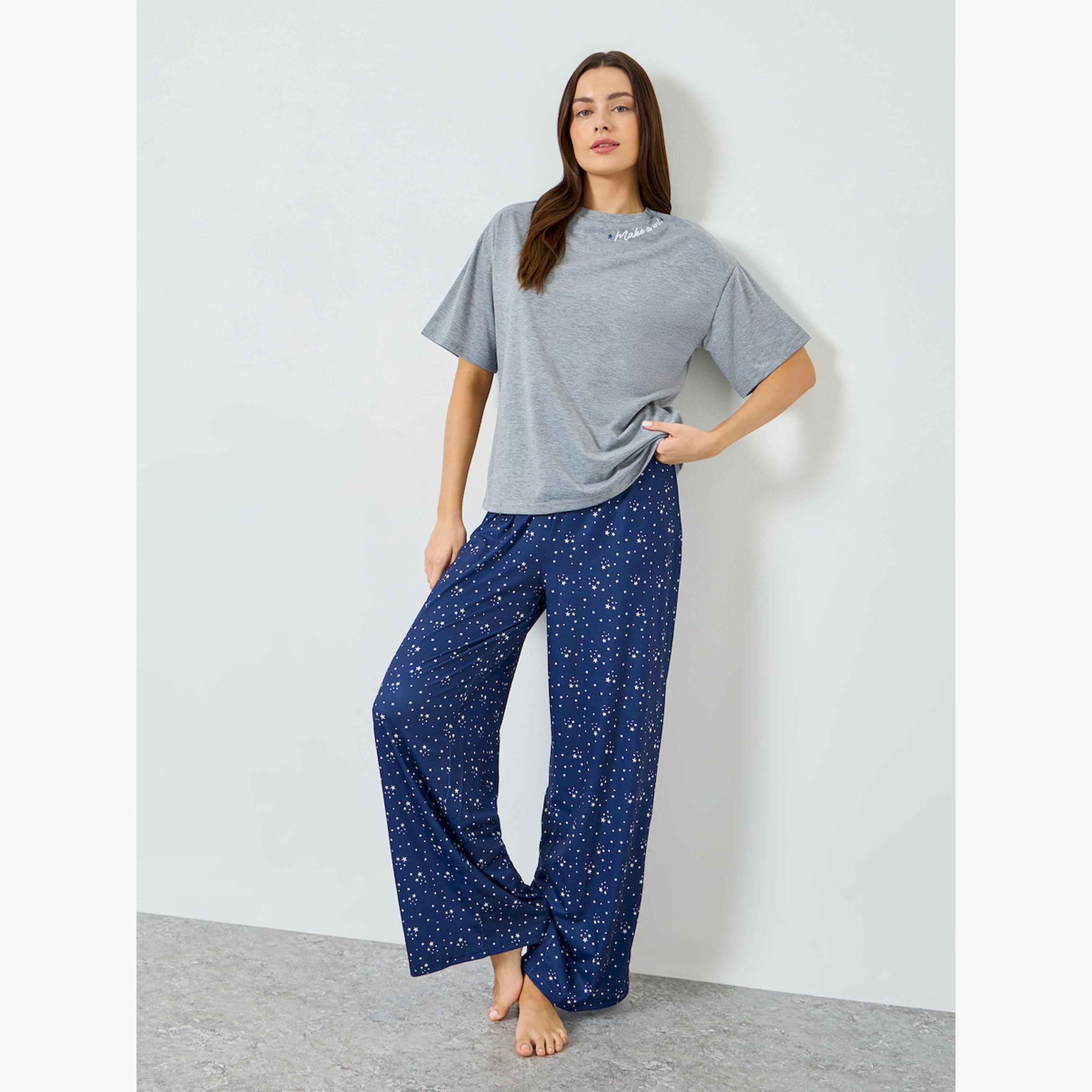Styli Make A Wish Neck Slogan T-Shirt and Star Print Pyjama Set-women-clothing-nightwear-pyjamas-longsets-image-1