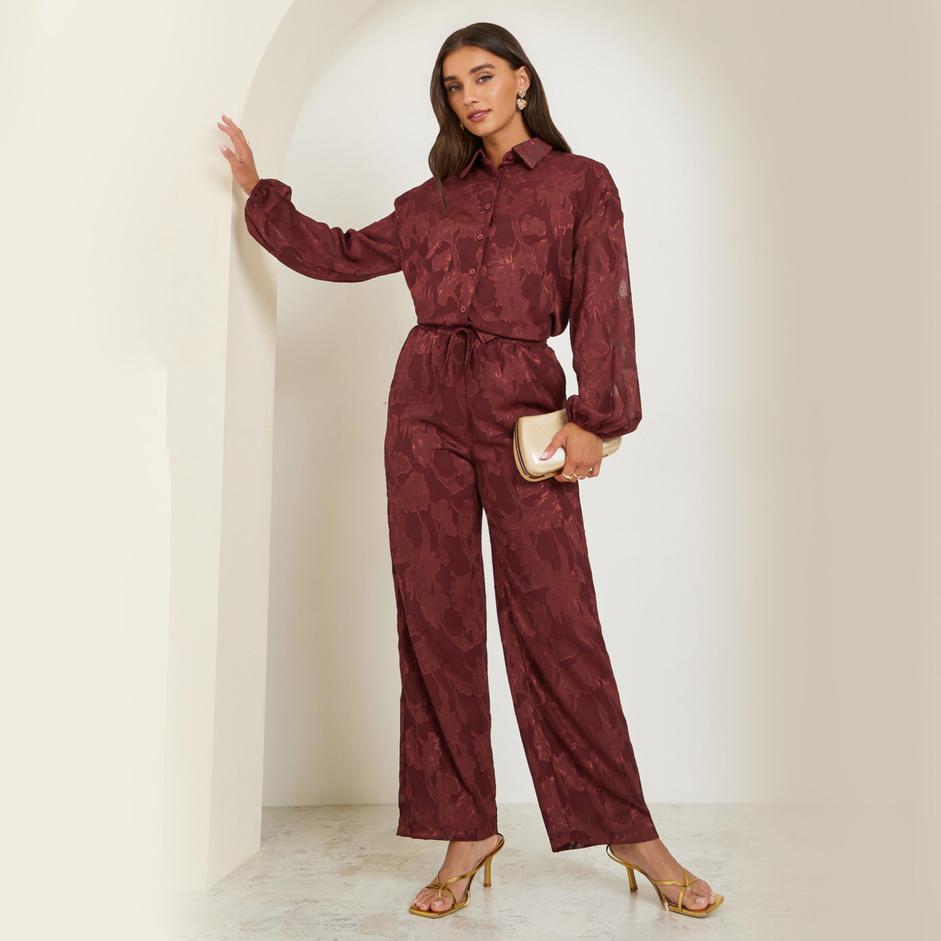 Styli Burgundy Jacquard Shirt and Trousers Co-ords-women-clothing-coordsets-image-1