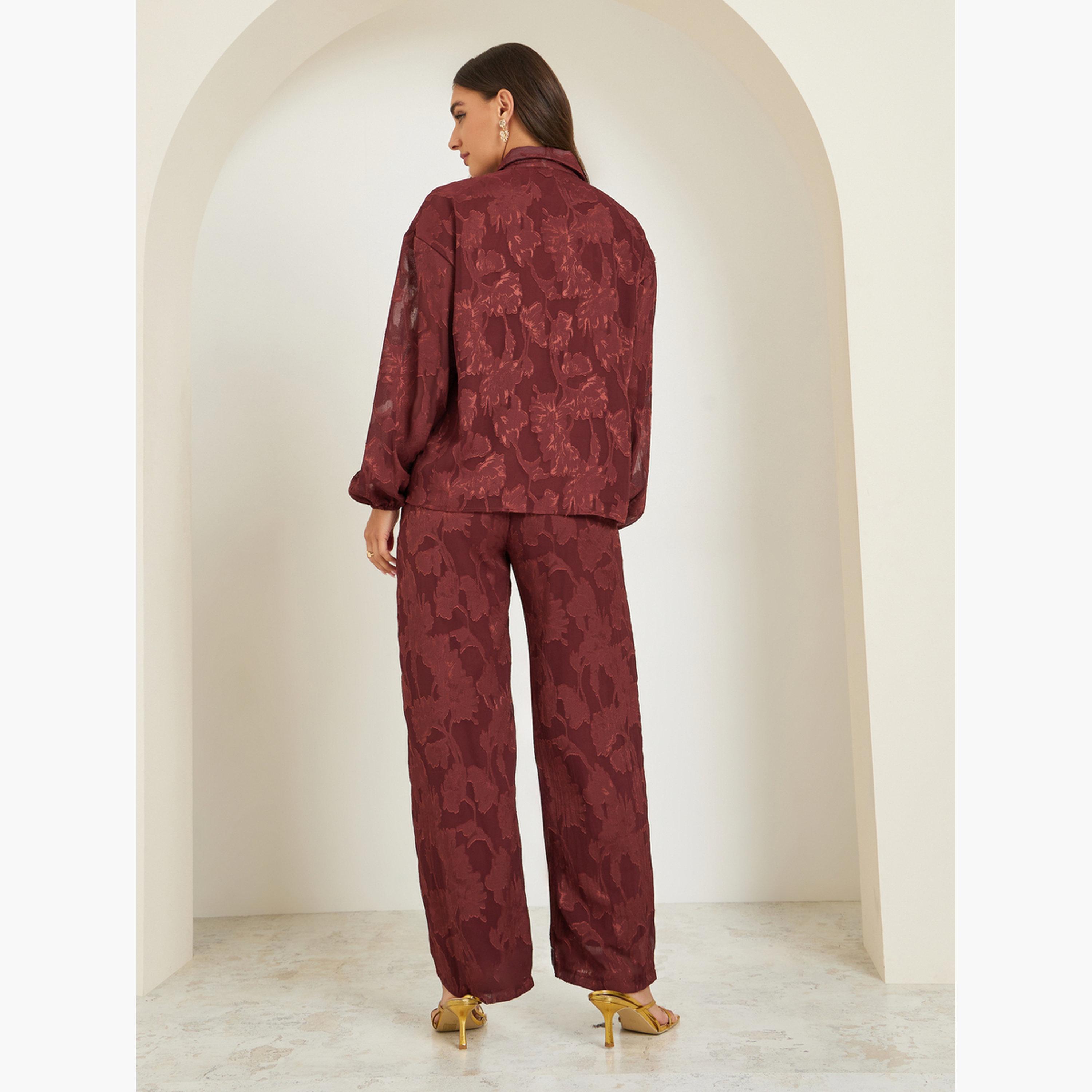 Styli Burgundy Jacquard Shirt and Trousers Co-ords-women-clothing-coordsets-image-5