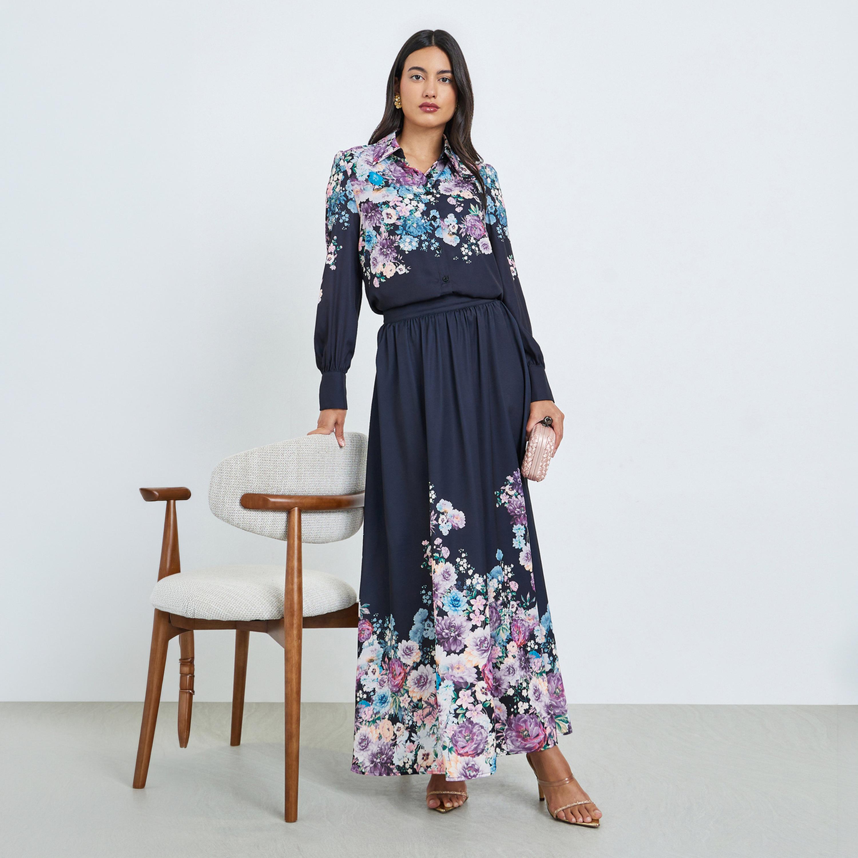 طقم منسق من تنورة طويلة وبلوزة بطبعة زهور-women-clothing-coordsets-image-1