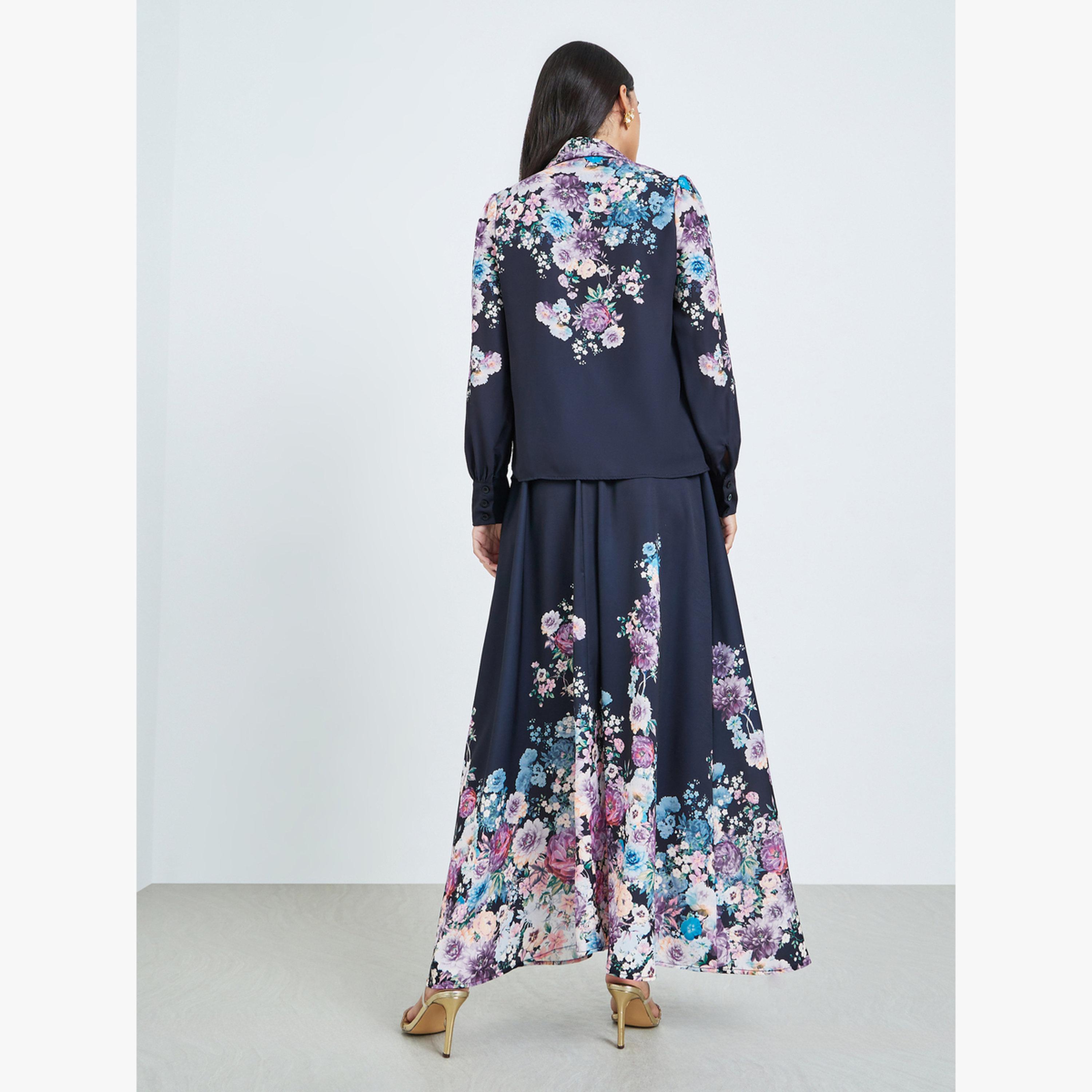 طقم منسق من تنورة طويلة وبلوزة بطبعة زهور-women-clothing-coordsets-image-3