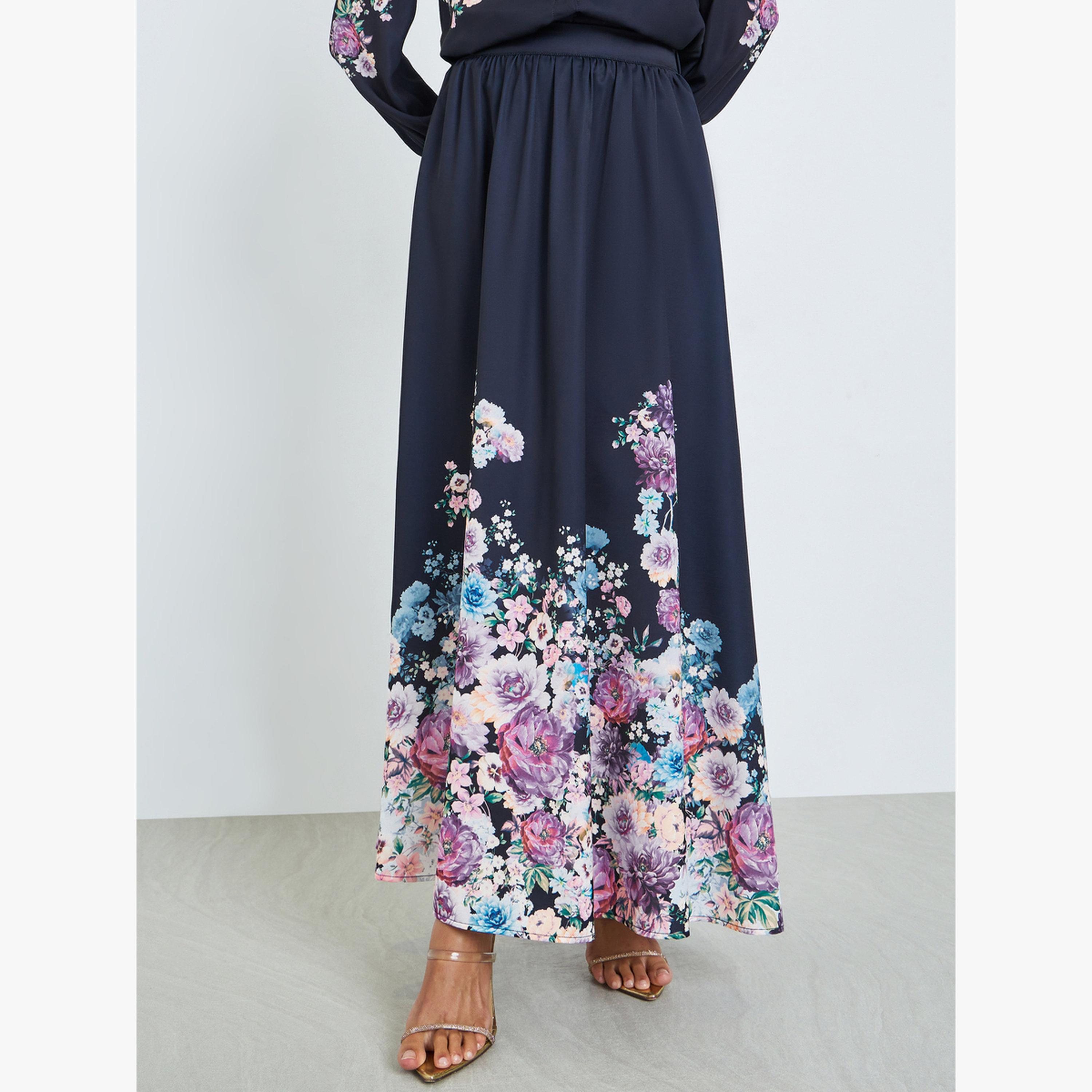 Styli Navy Blue Floral Print Shirt and Maxi Skirt Co-ords-women-clothing-coordsets-image-5