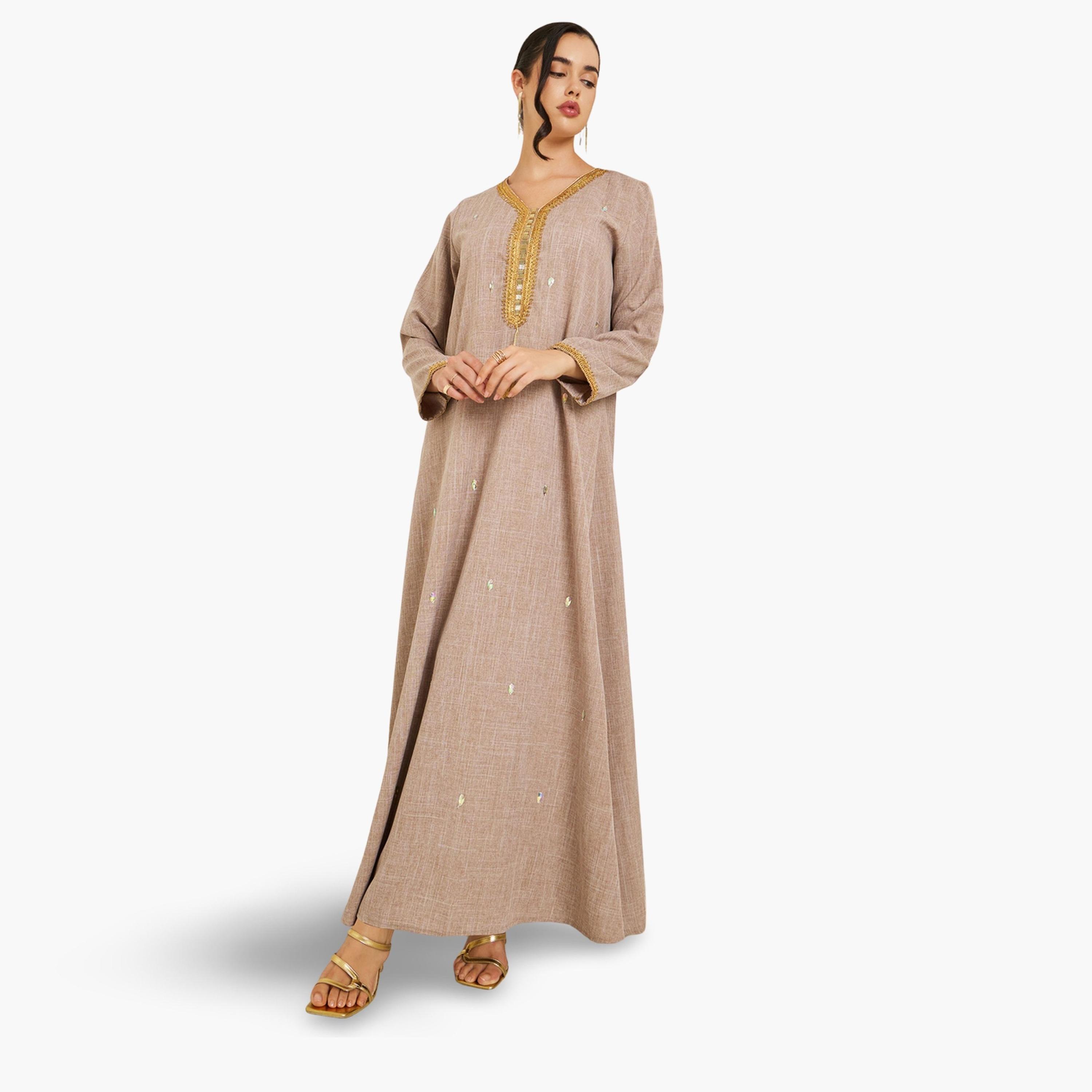 Styli Women Beige Linen Jalabiya with Gold Embroidery-women-arabicclothing-jalabiyas-image-1