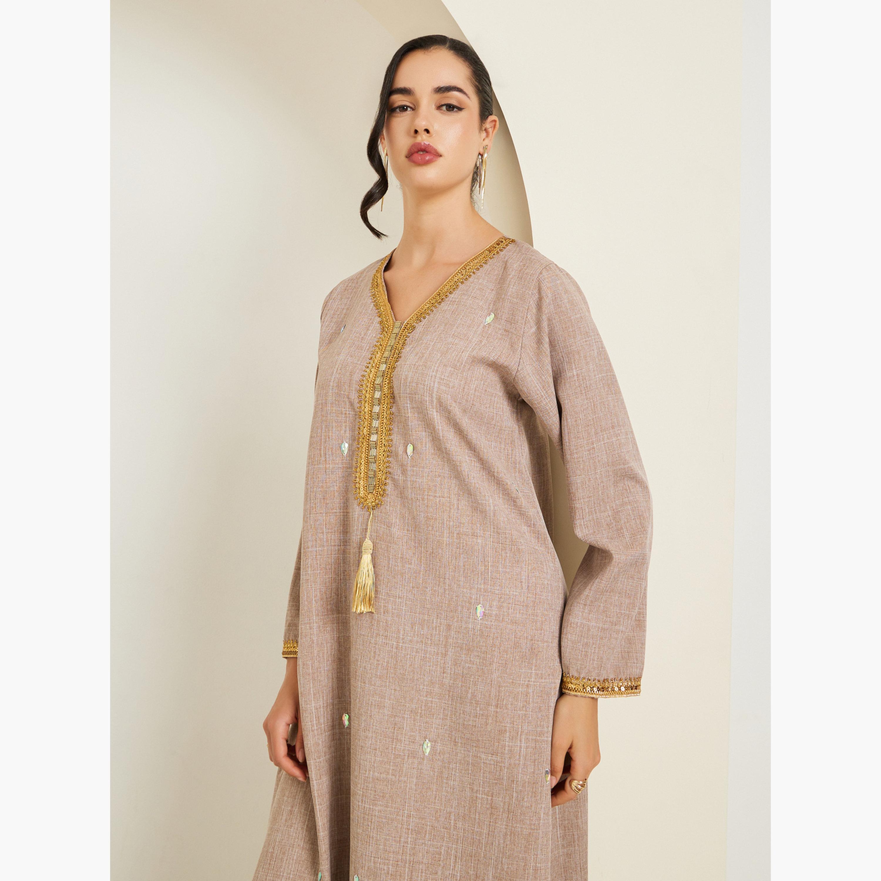 Styli Women Beige Linen Jalabiya with Gold Embroidery-women-arabicclothing-jalabiyas-image-2
