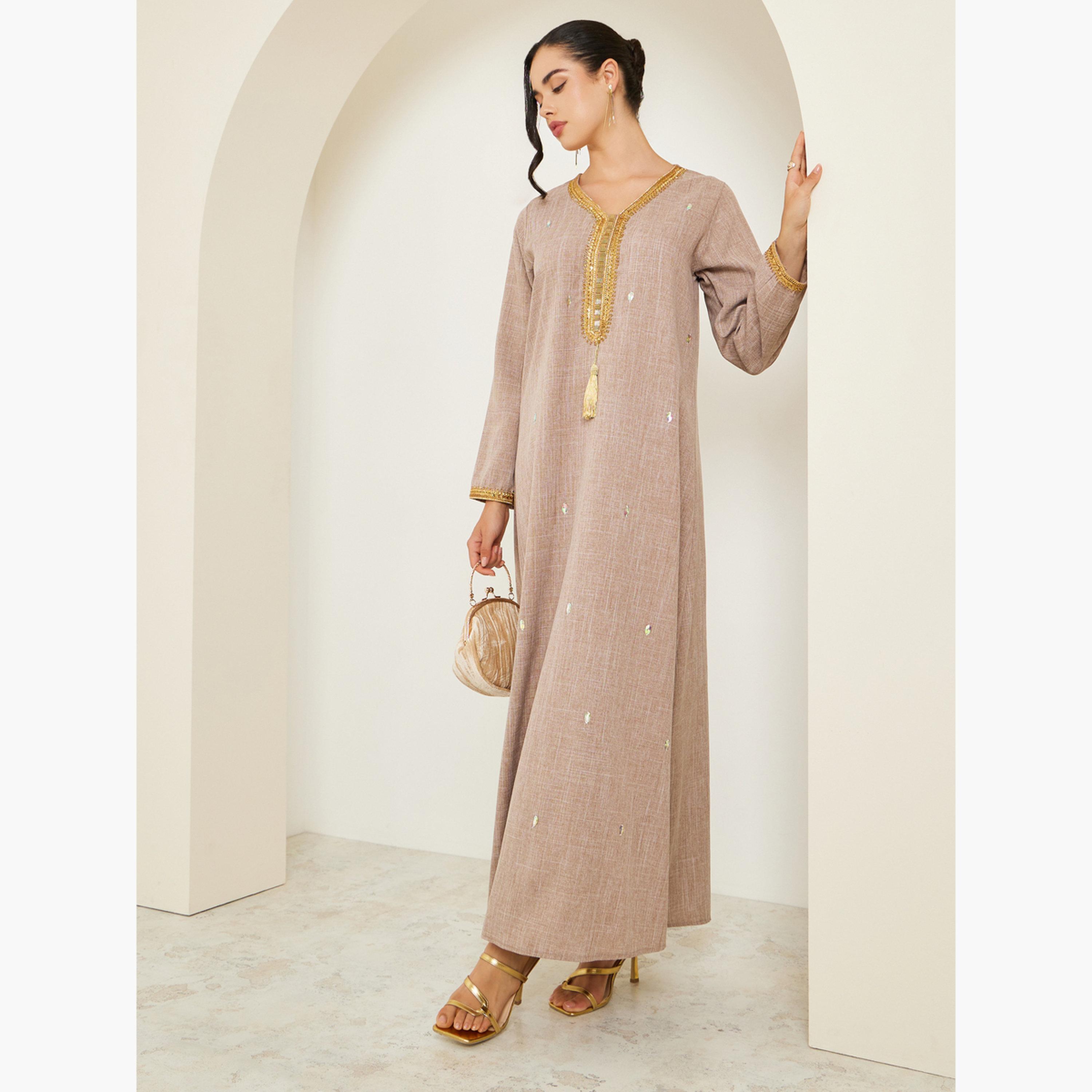Styli Women Beige Linen Jalabiya with Gold Embroidery-women-arabicclothing-jalabiyas-image-3