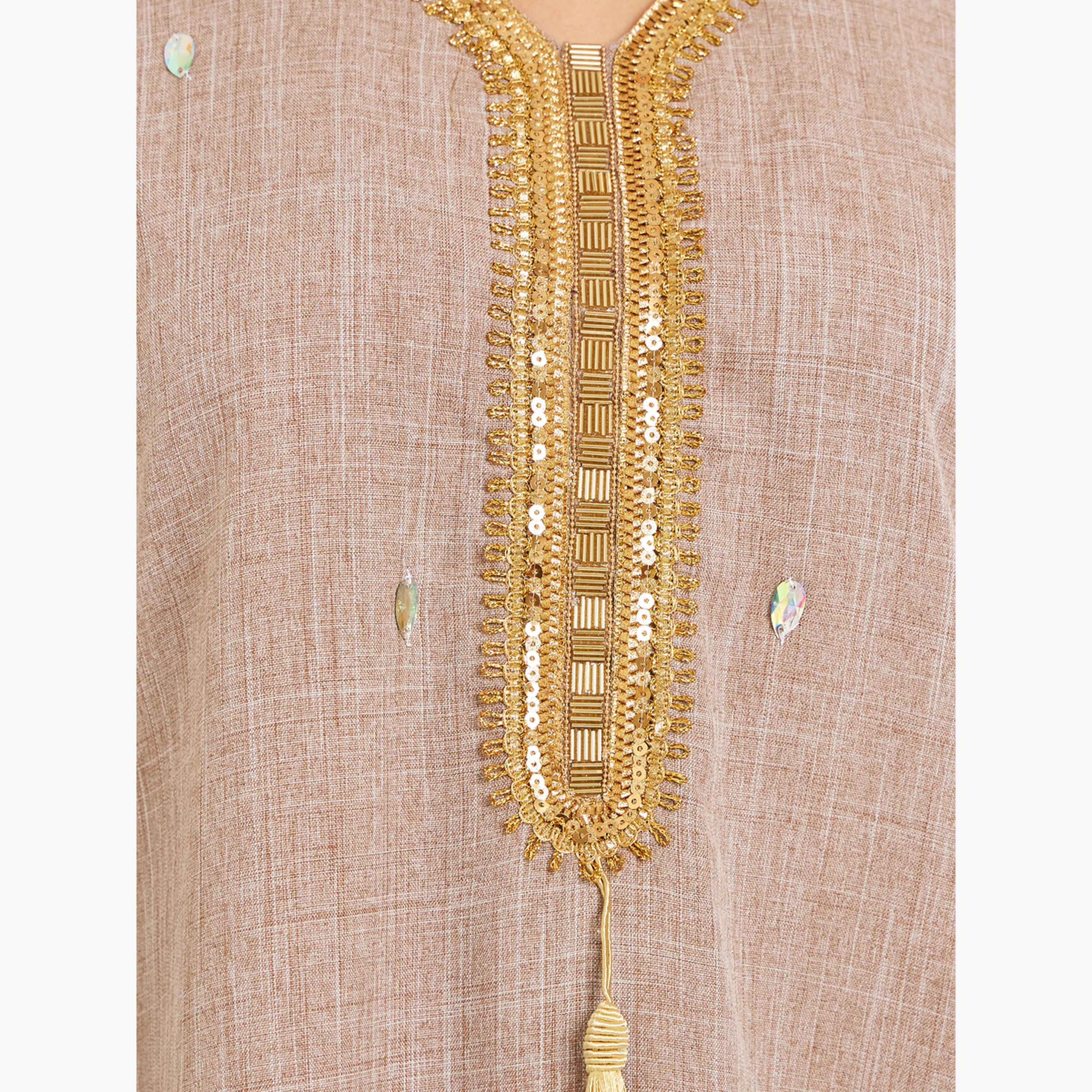 Styli Women Beige Linen Jalabiya with Gold Embroidery-women-arabicclothing-jalabiyas-image-4