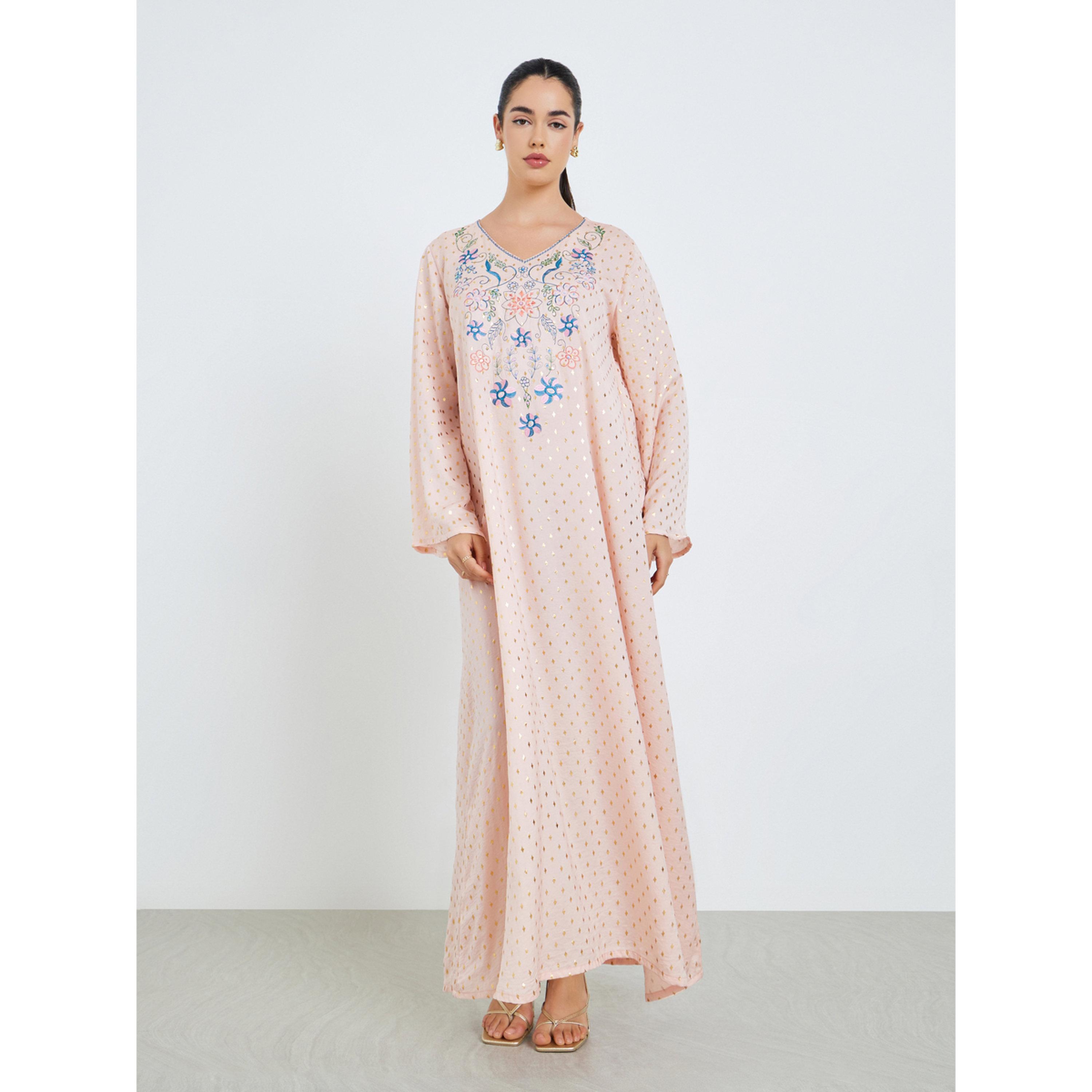 جلابية مطرزة بحافة واسعة وطبعة فويل للنساء-women-arabicclothing-jalabiyas-image-1