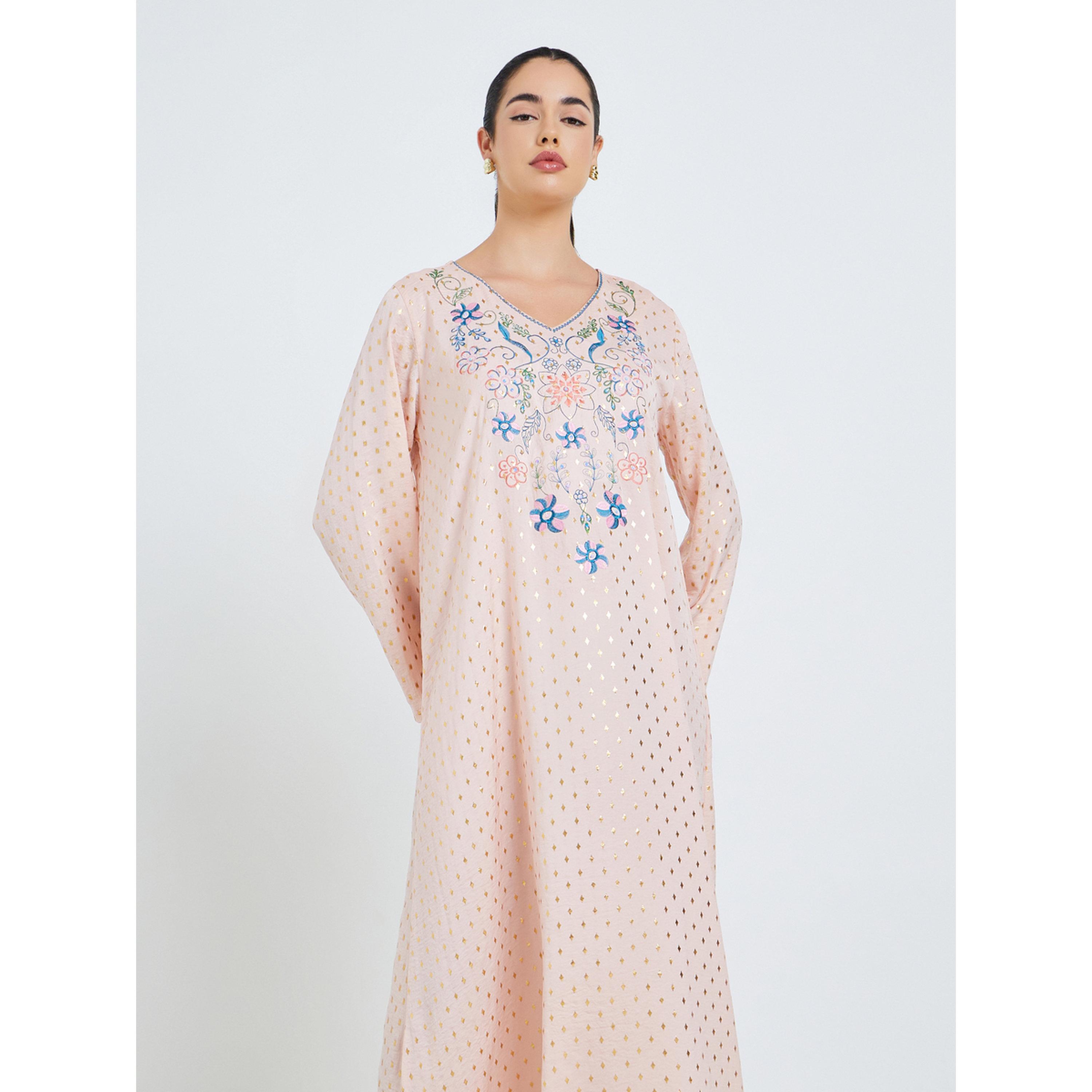 Styli Women Pink Foil Print Embroidered A-Line Jalabiya-women-arabicclothing-jalabiyas-image-2