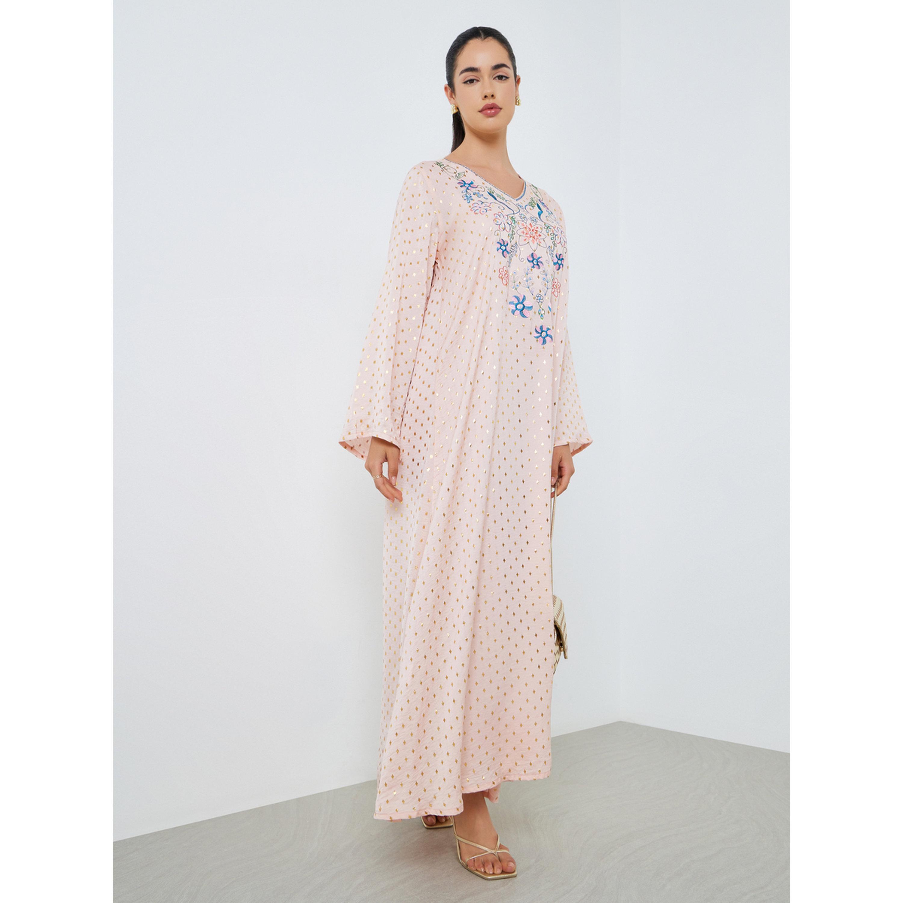 جلابية مطرزة بحافة واسعة وطبعة فويل للنساء-women-arabicclothing-jalabiyas-image-3