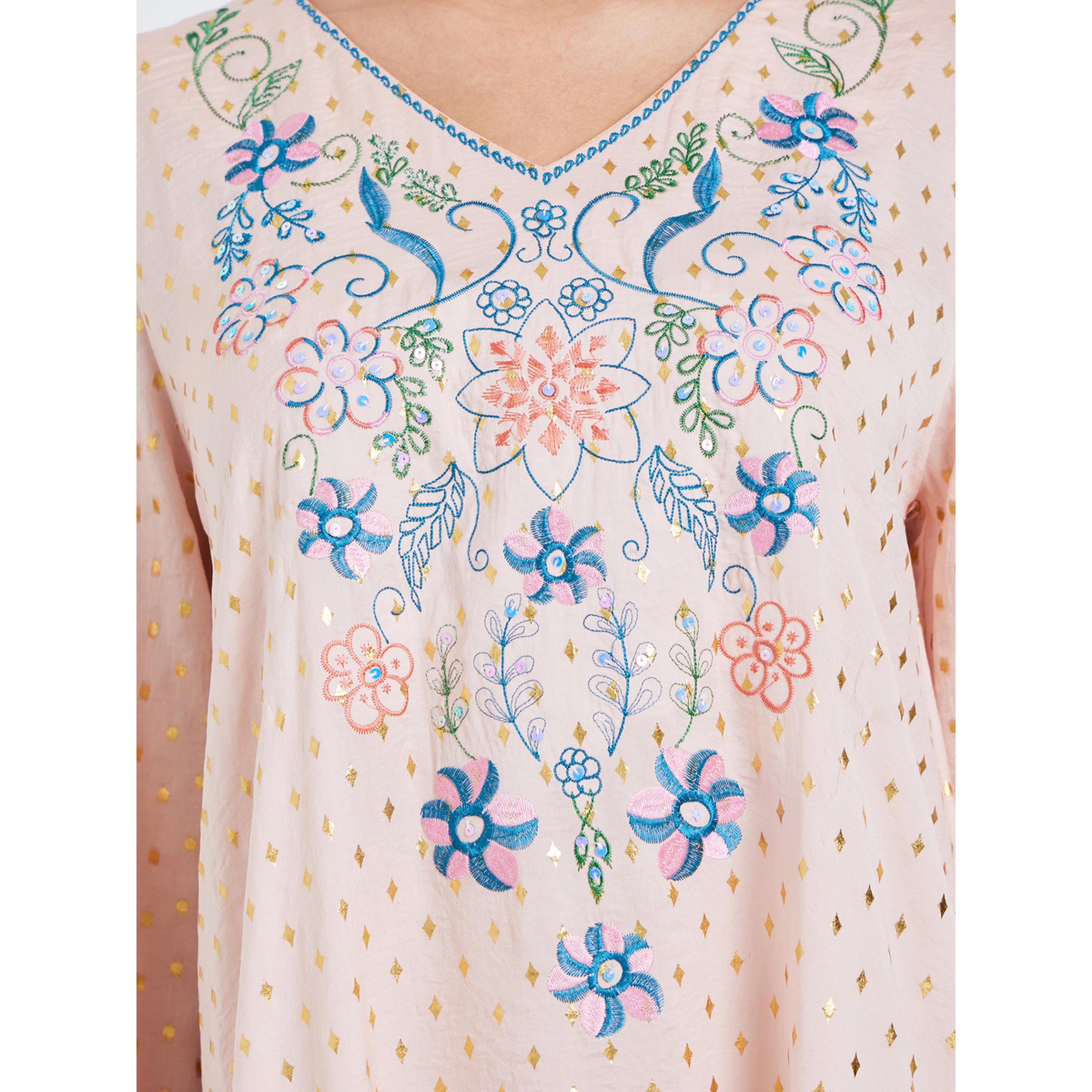 Styli Women Pink Foil Print Embroidered A-Line Jalabiya-women-arabicclothing-jalabiyas-image-4
