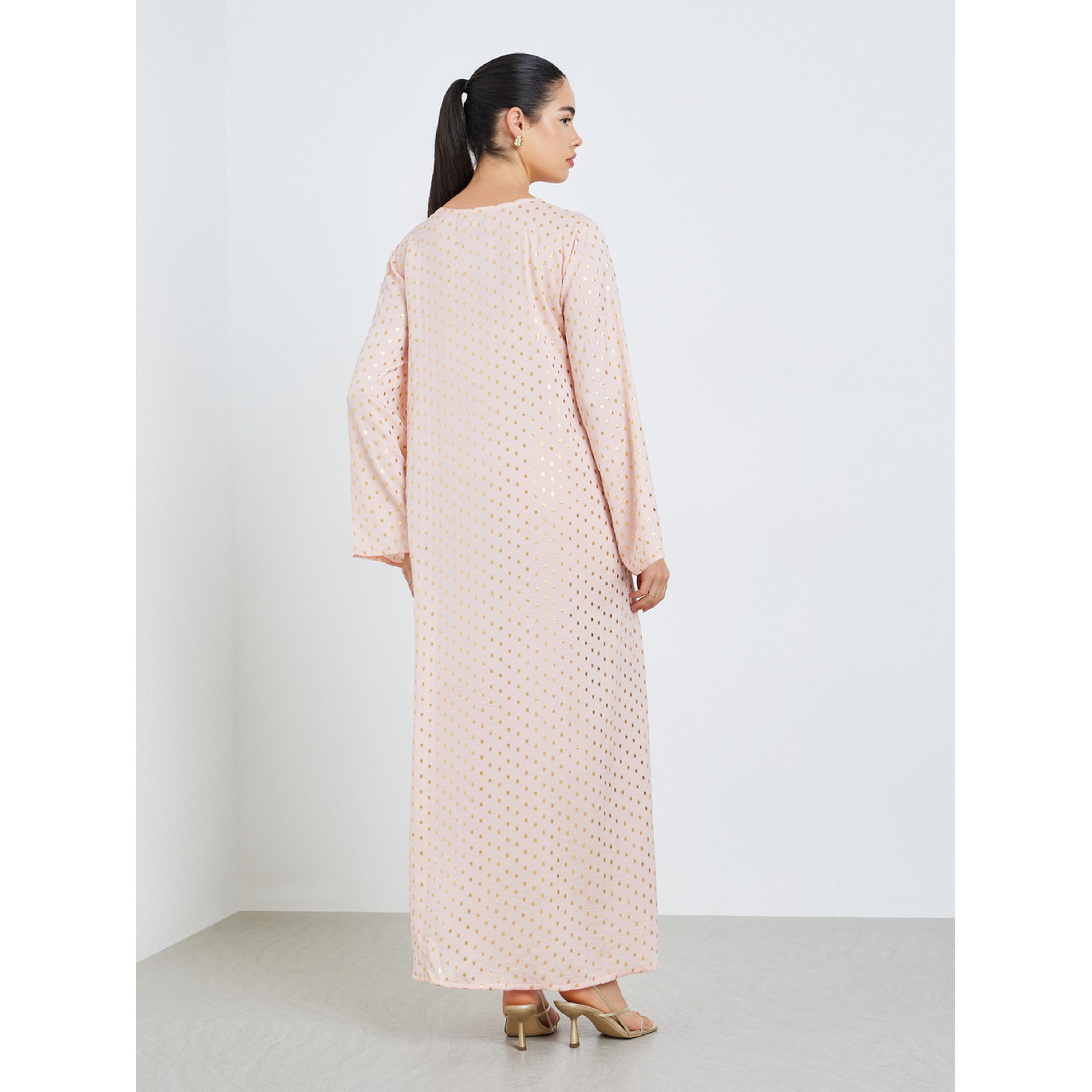 Styli Women Pink Foil Print Embroidered A-Line Jalabiya-women-arabicclothing-jalabiyas-image-5
