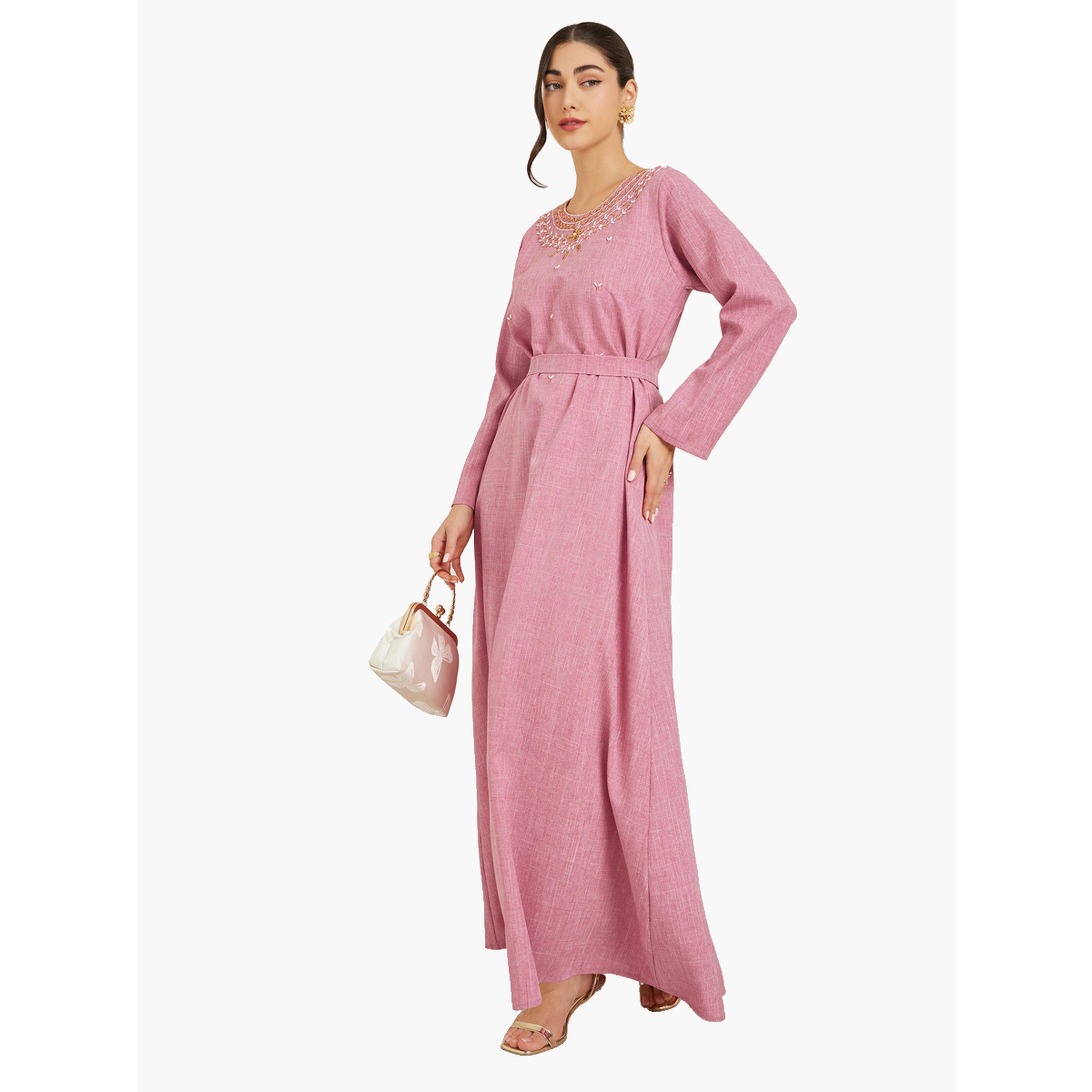 Styli Women Pink Embroidered Belted Jalabiya-women-arabicclothing-jalabiyas-image-1