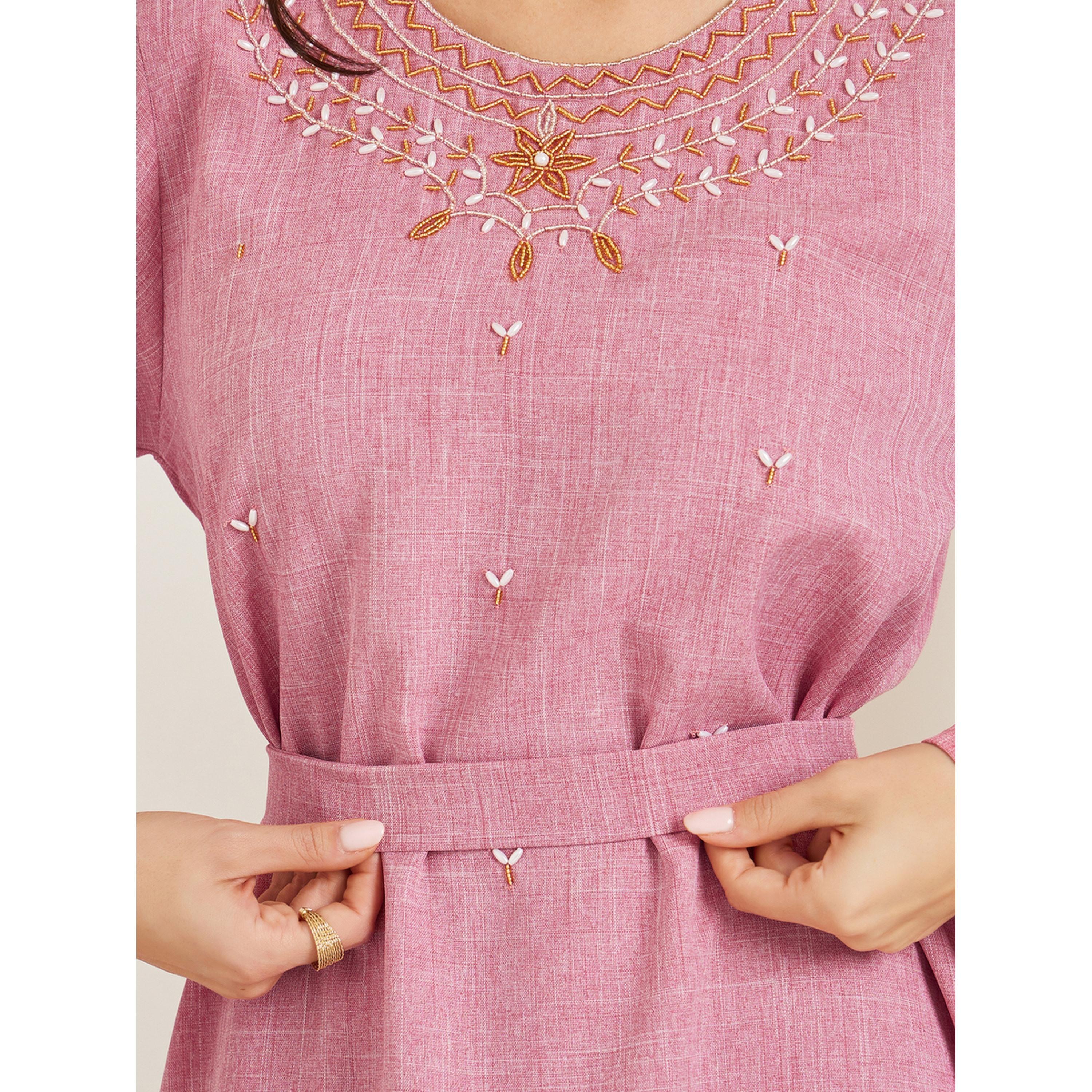 Styli Women Pink Embroidered Belted Jalabiya-women-arabicclothing-jalabiyas-image-4