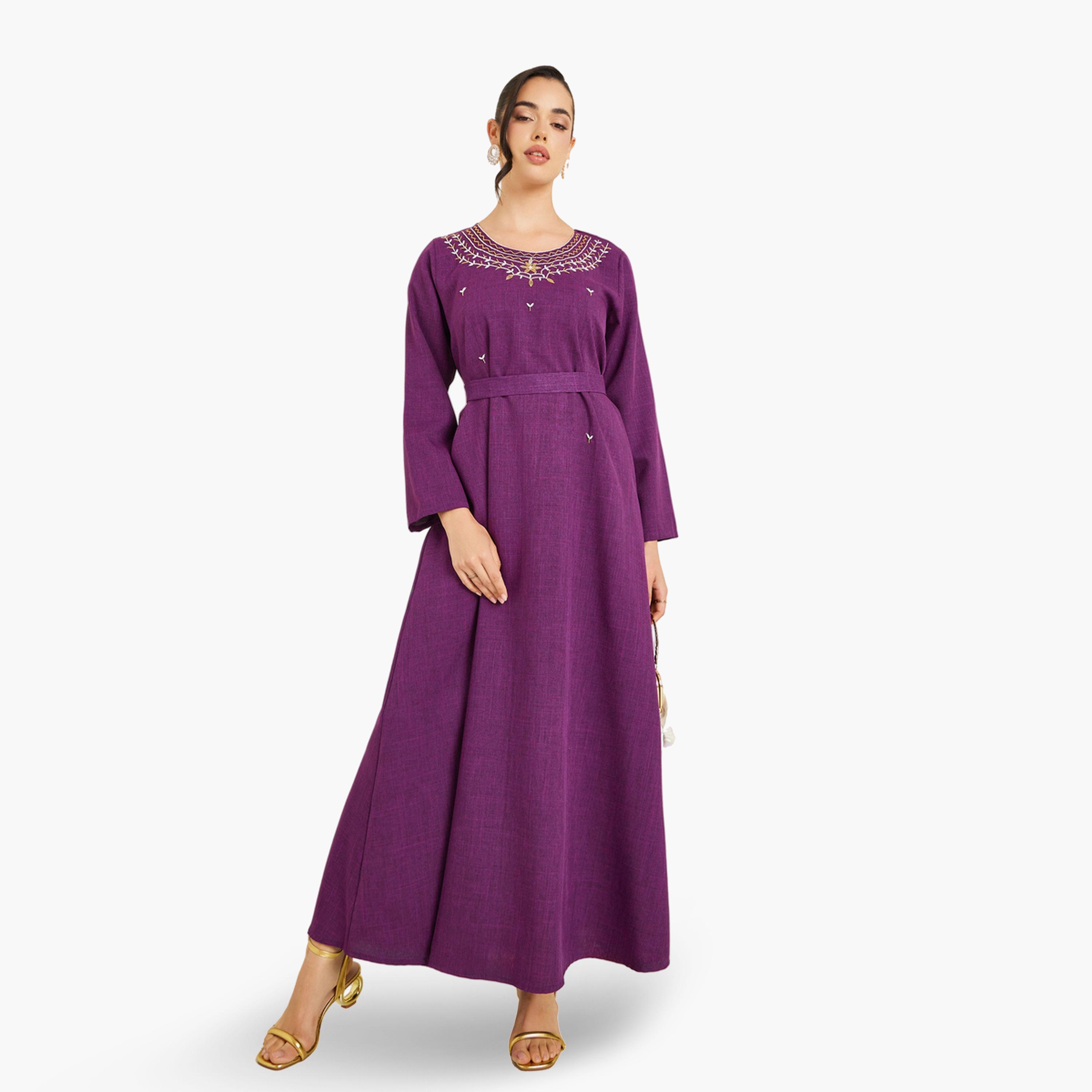 جلابية مع حزام وتفاصيل مزينة-women-arabicclothing-jalabiyas-image-1