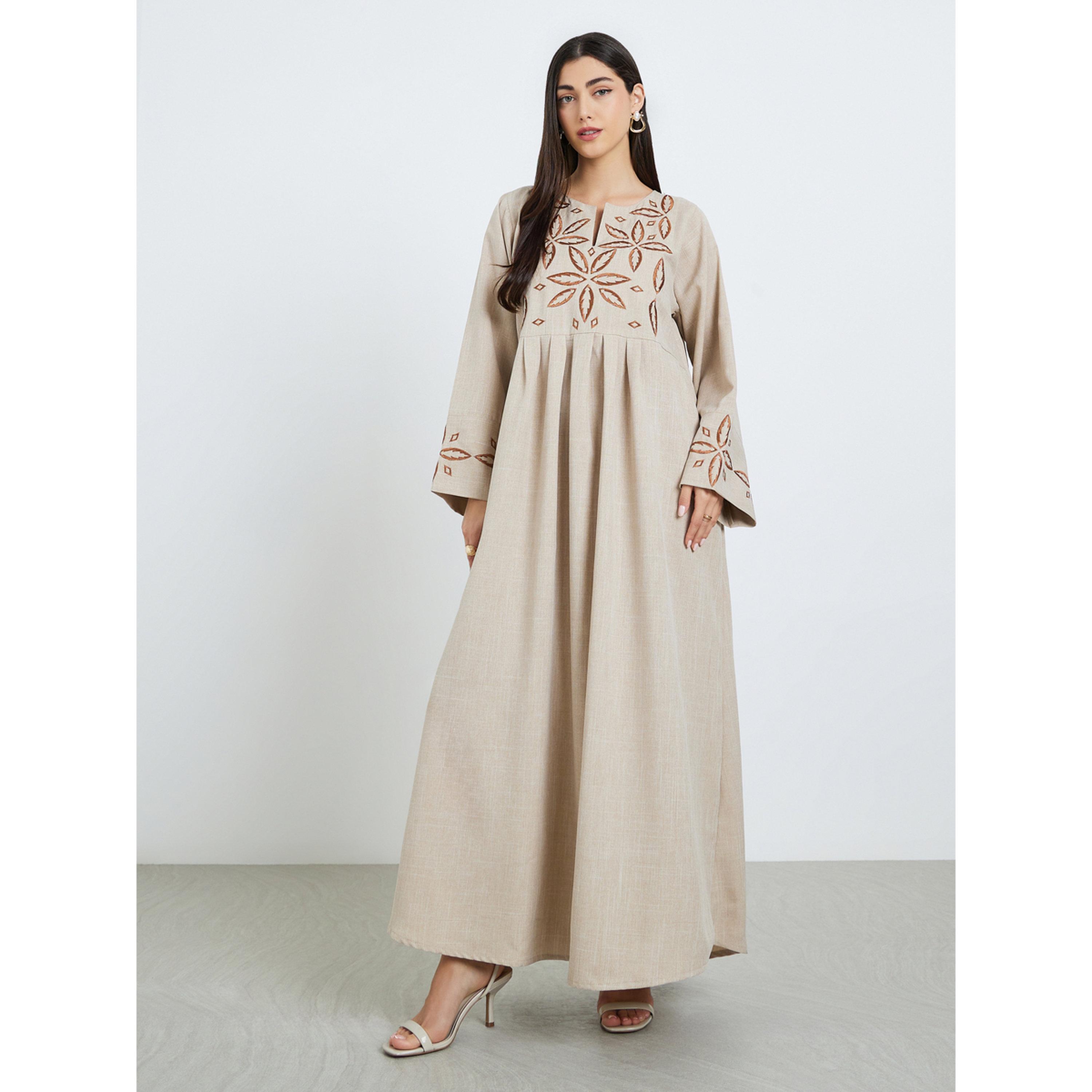 جلابية بيج مطرزة بطيات-women-arabicclothing-jalabiyas-image-1