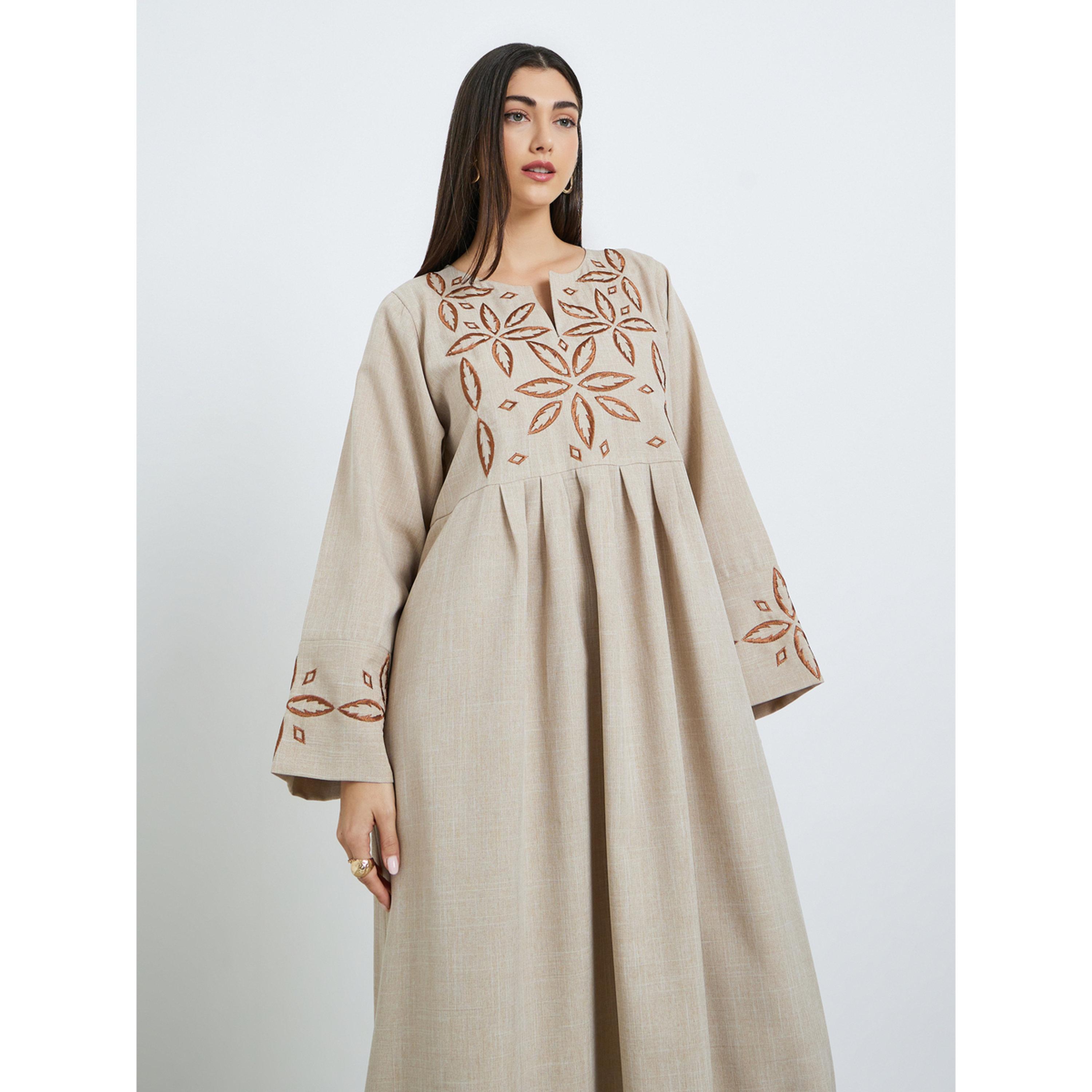 جلابية بيج مطرزة بطيات-women-arabicclothing-jalabiyas-image-2