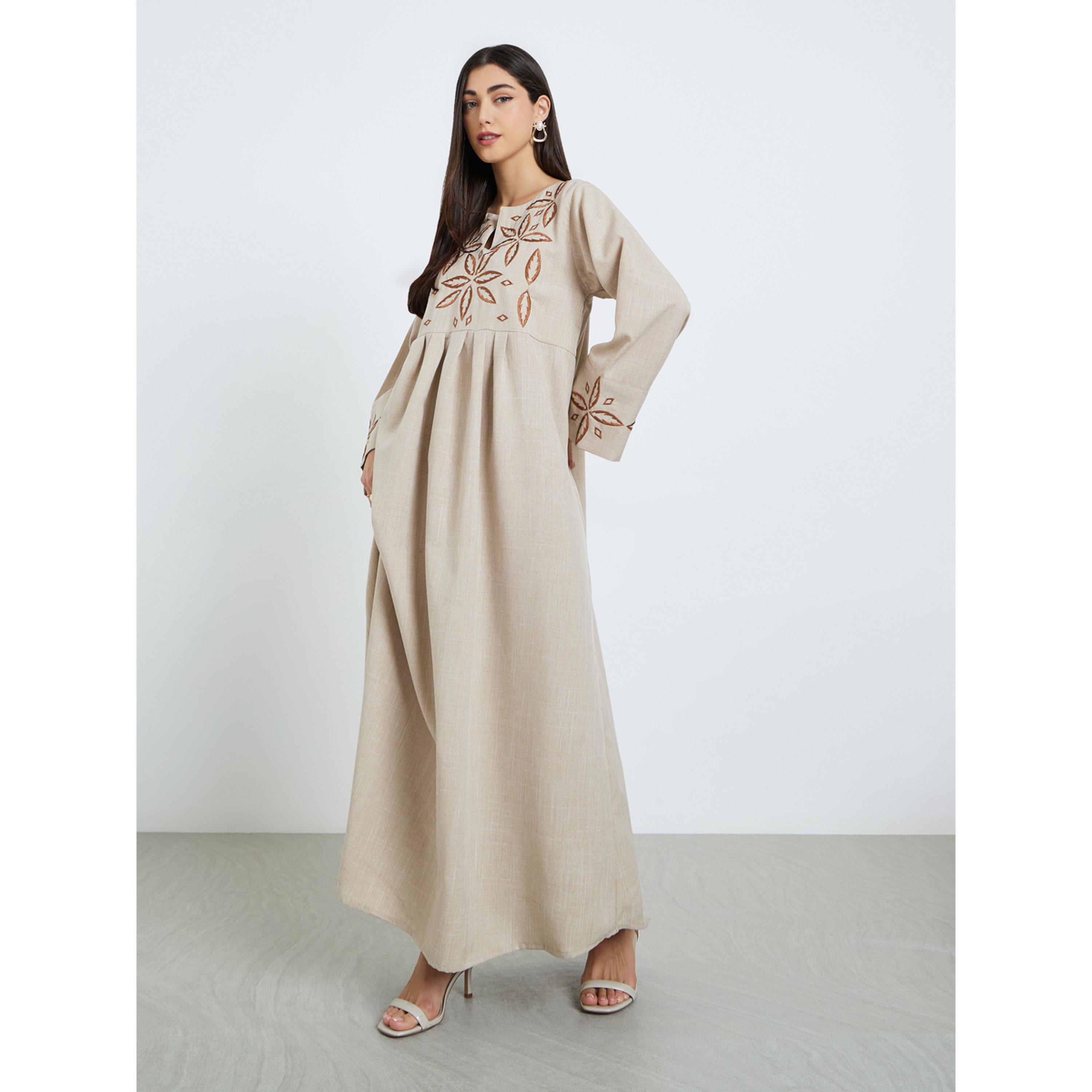 جلابية بيج مطرزة بطيات-women-arabicclothing-jalabiyas-image-3