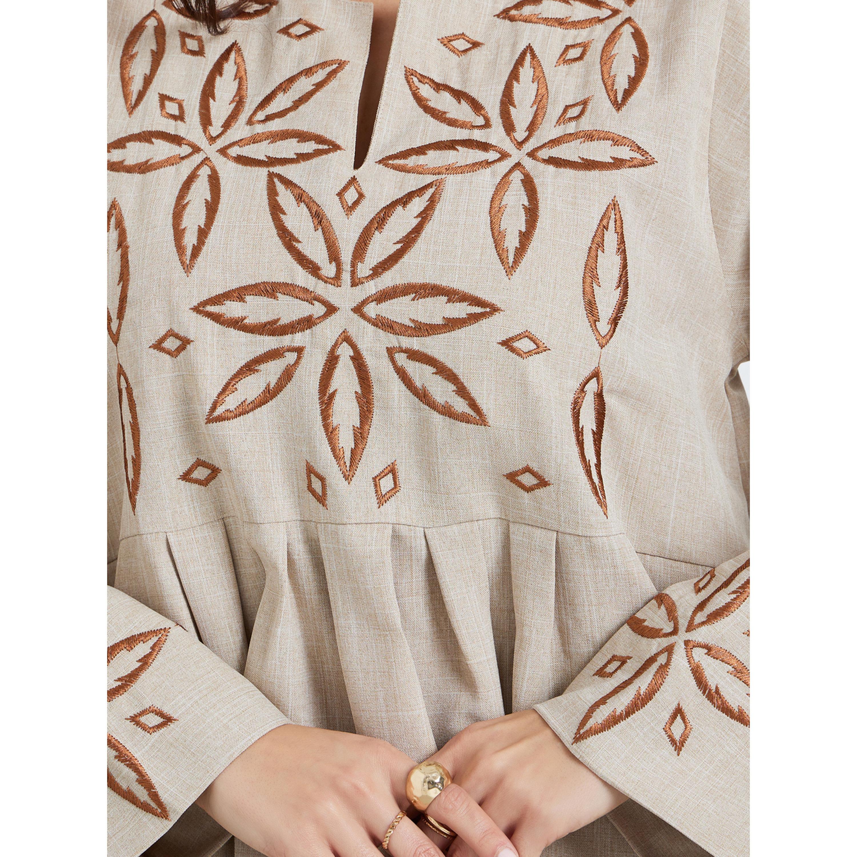 Styli Women Beige Embroidered Pleated Jalabiya-women-arabicclothing-jalabiyas-image-4