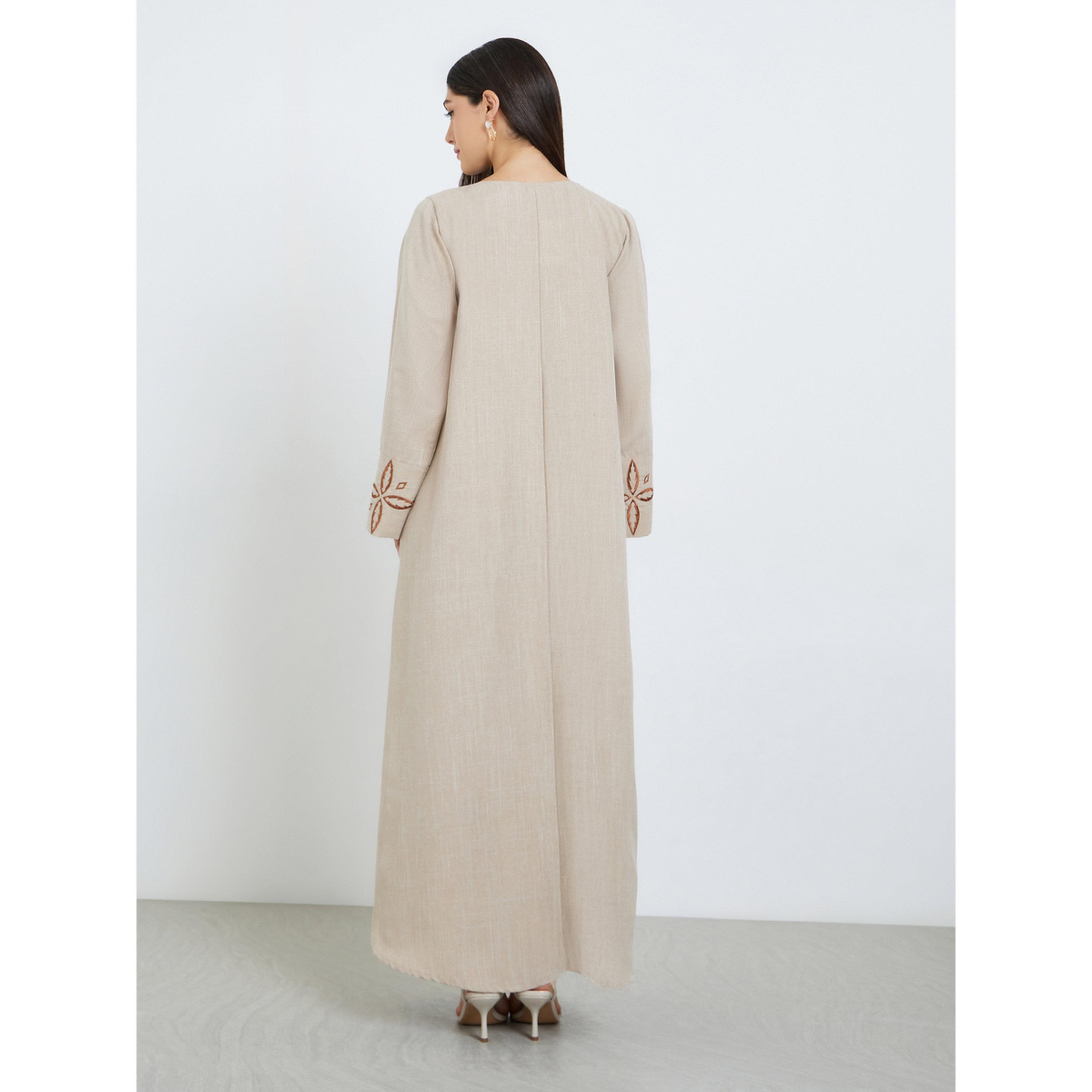 Styli Women Beige Embroidered Pleated Jalabiya-women-arabicclothing-jalabiyas-image-5
