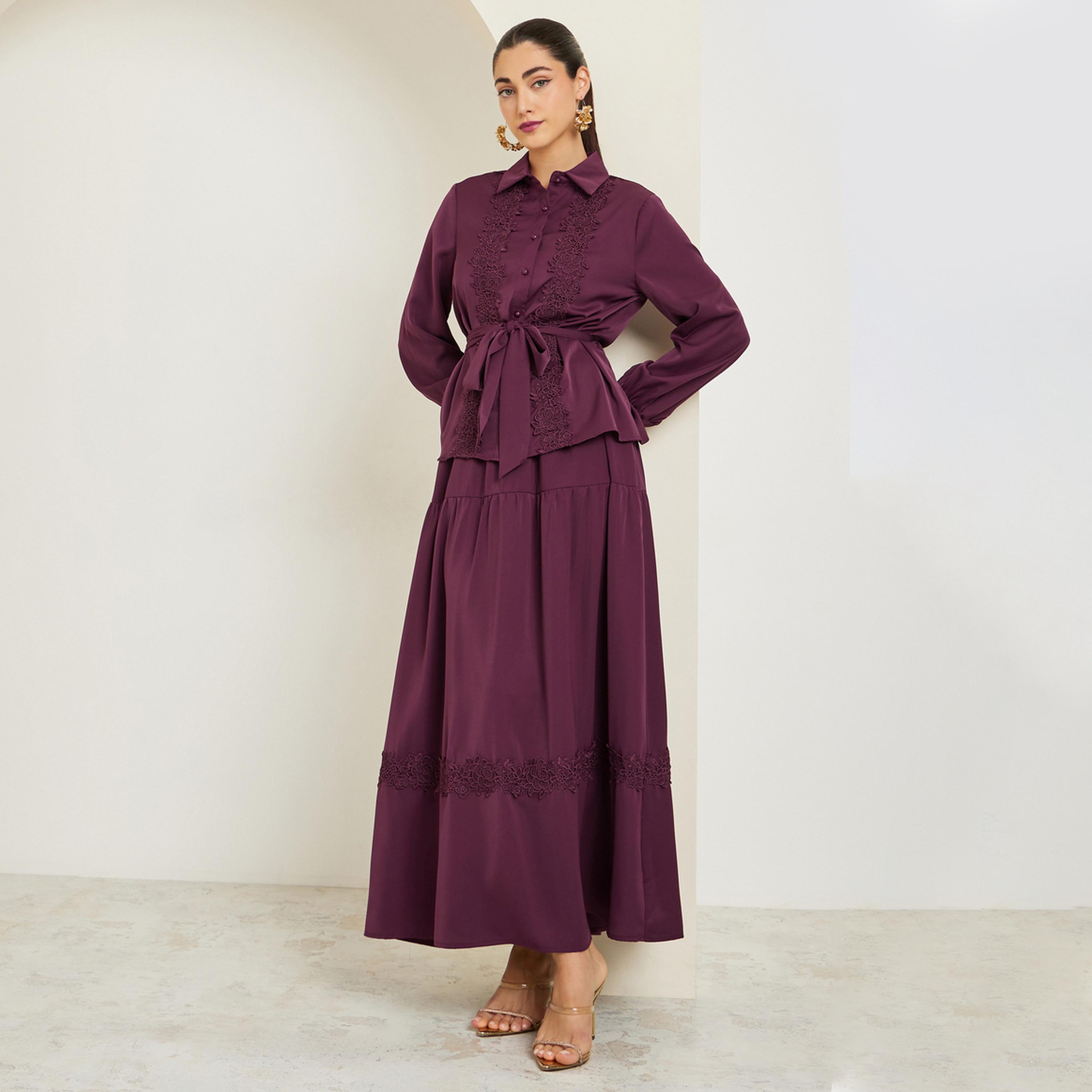 ستايلي - طقم قميص وتنورة ماكسي مزين بالدانتيل لون برغندي-women-clothing-coordsets-image-1