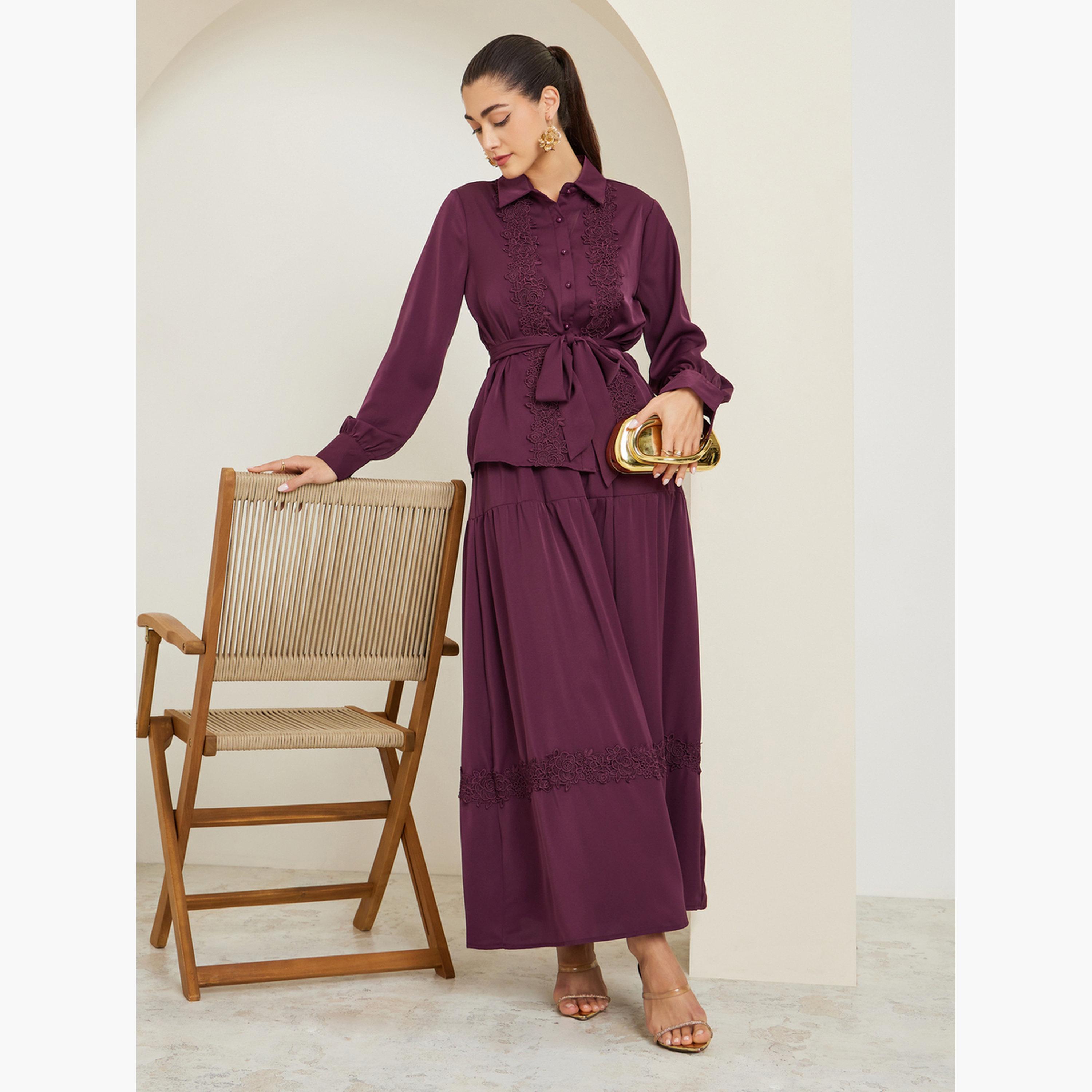 ستايلي - طقم قميص وتنورة ماكسي مزين بالدانتيل لون برغندي-women-clothing-coordsets-image-2