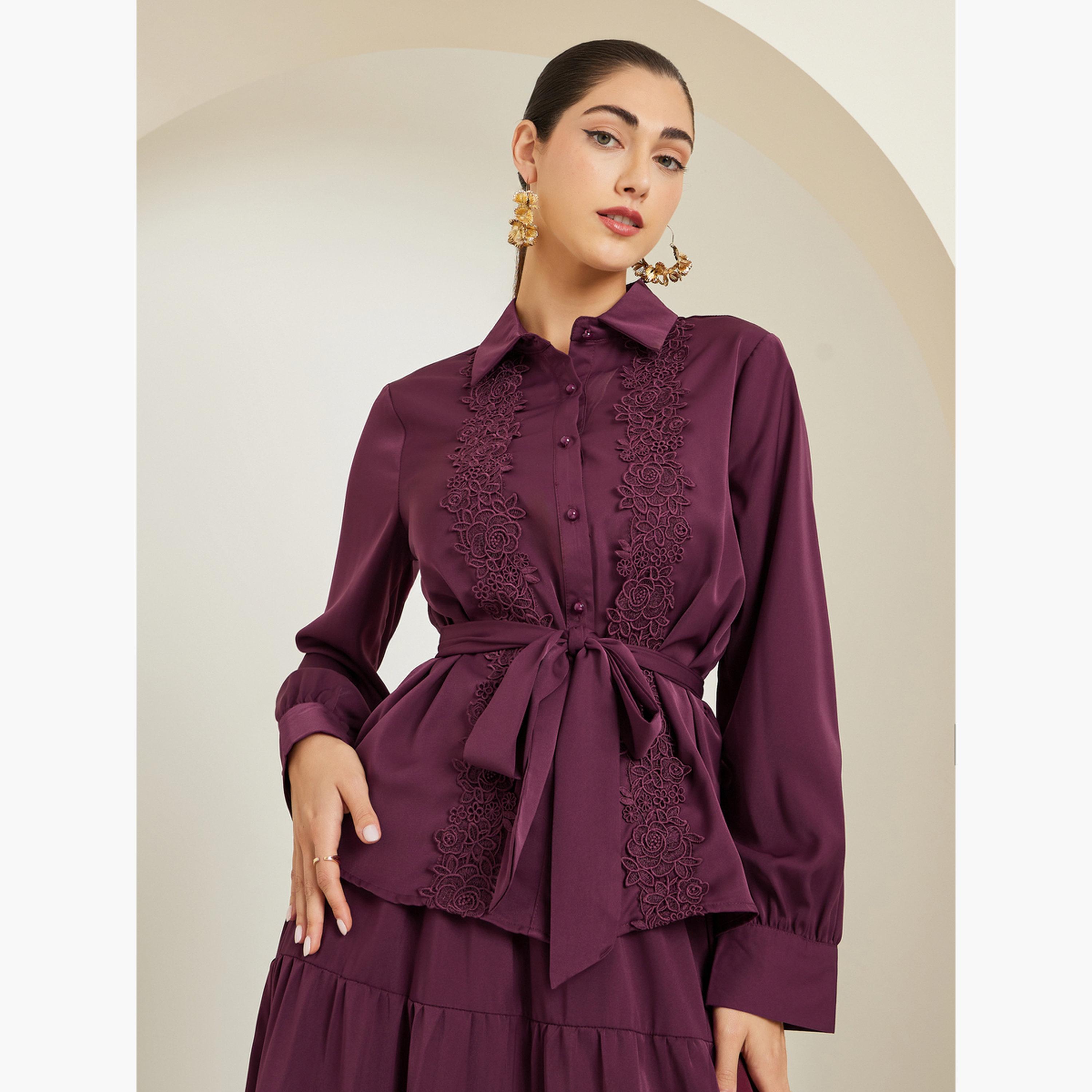 ستايلي - طقم قميص وتنورة ماكسي مزين بالدانتيل لون برغندي-women-clothing-coordsets-image-3