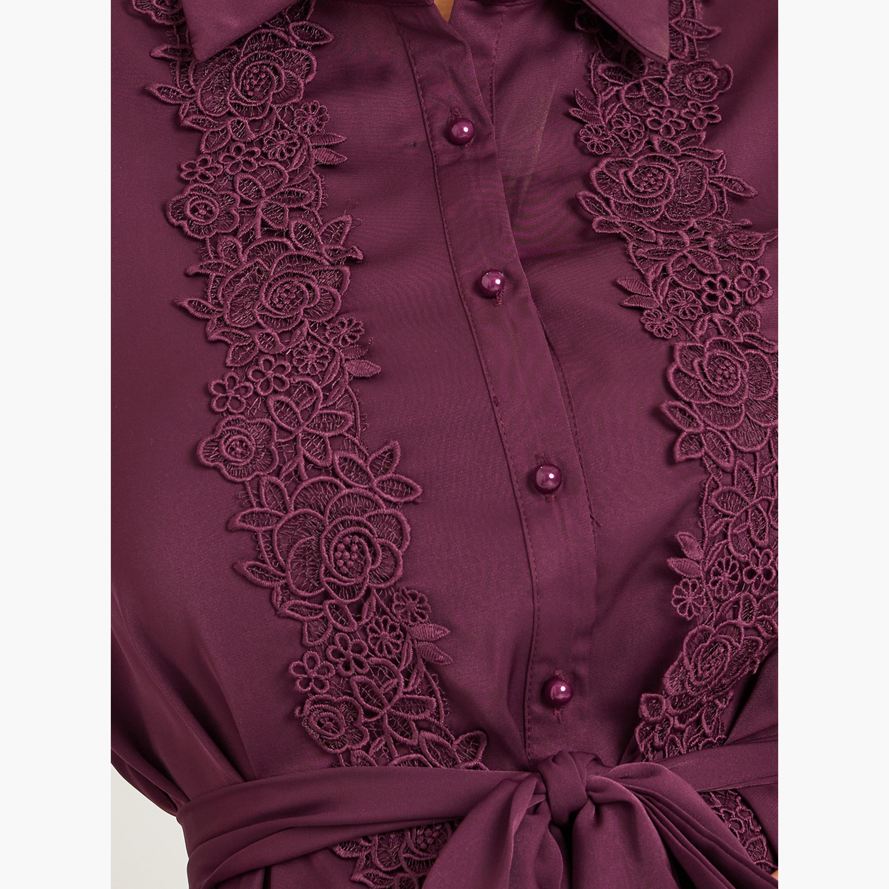 ستايلي - طقم قميص وتنورة ماكسي مزين بالدانتيل لون برغندي-women-clothing-coordsets-image-4