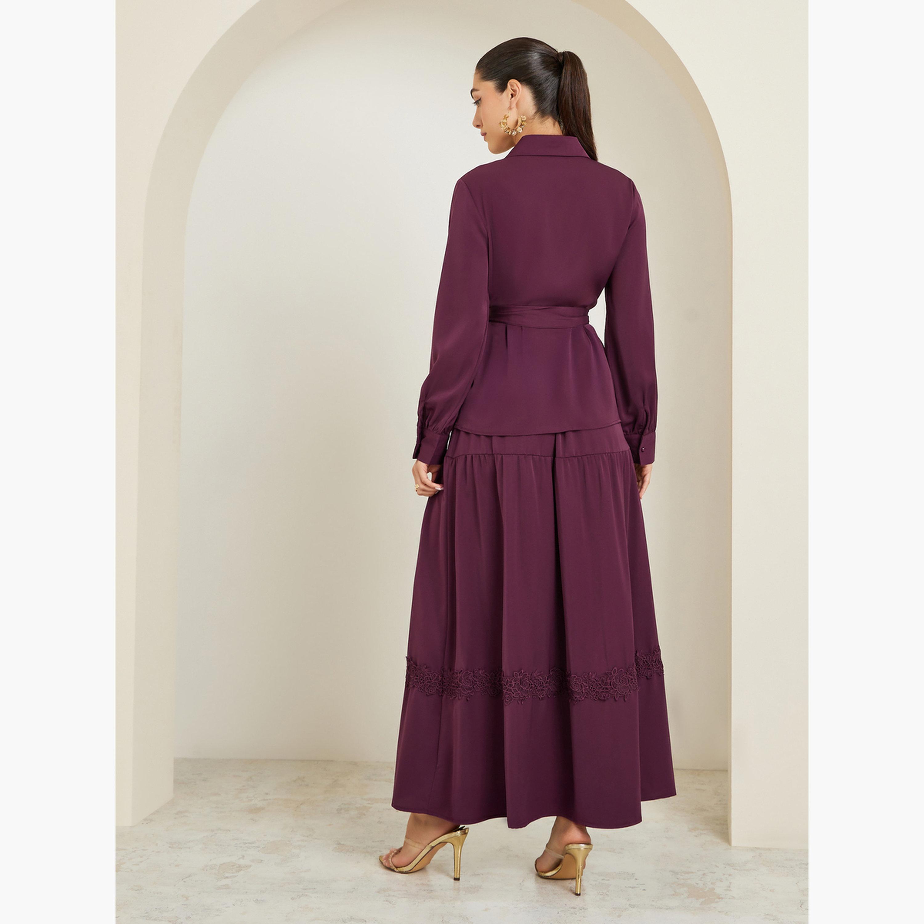 ستايلي - طقم قميص وتنورة ماكسي مزين بالدانتيل لون برغندي-women-clothing-coordsets-image-6