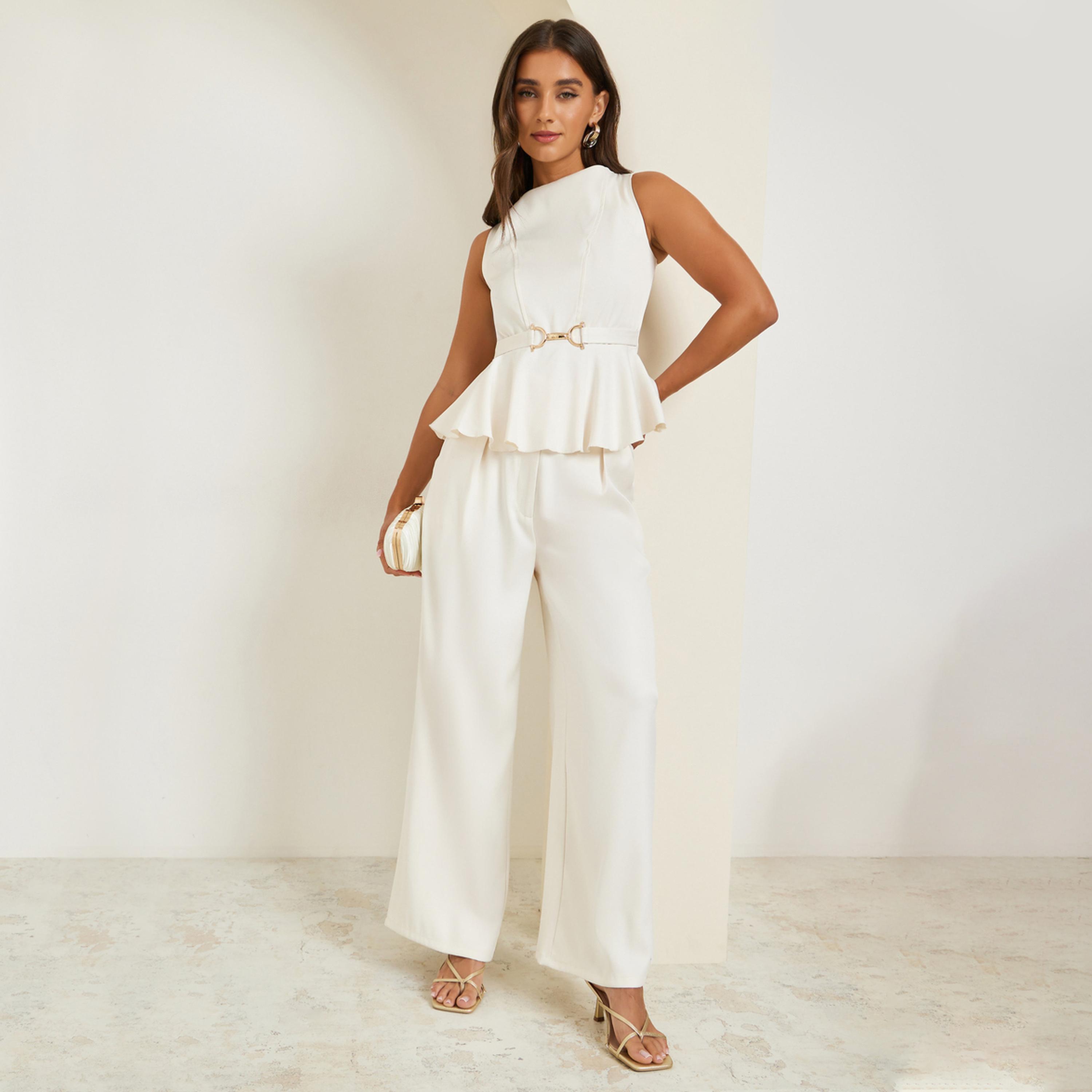 Styli Women Belted Peplum Top and Wide Leg Trousers Co-Ords-women-clothing-coordsets-image-1