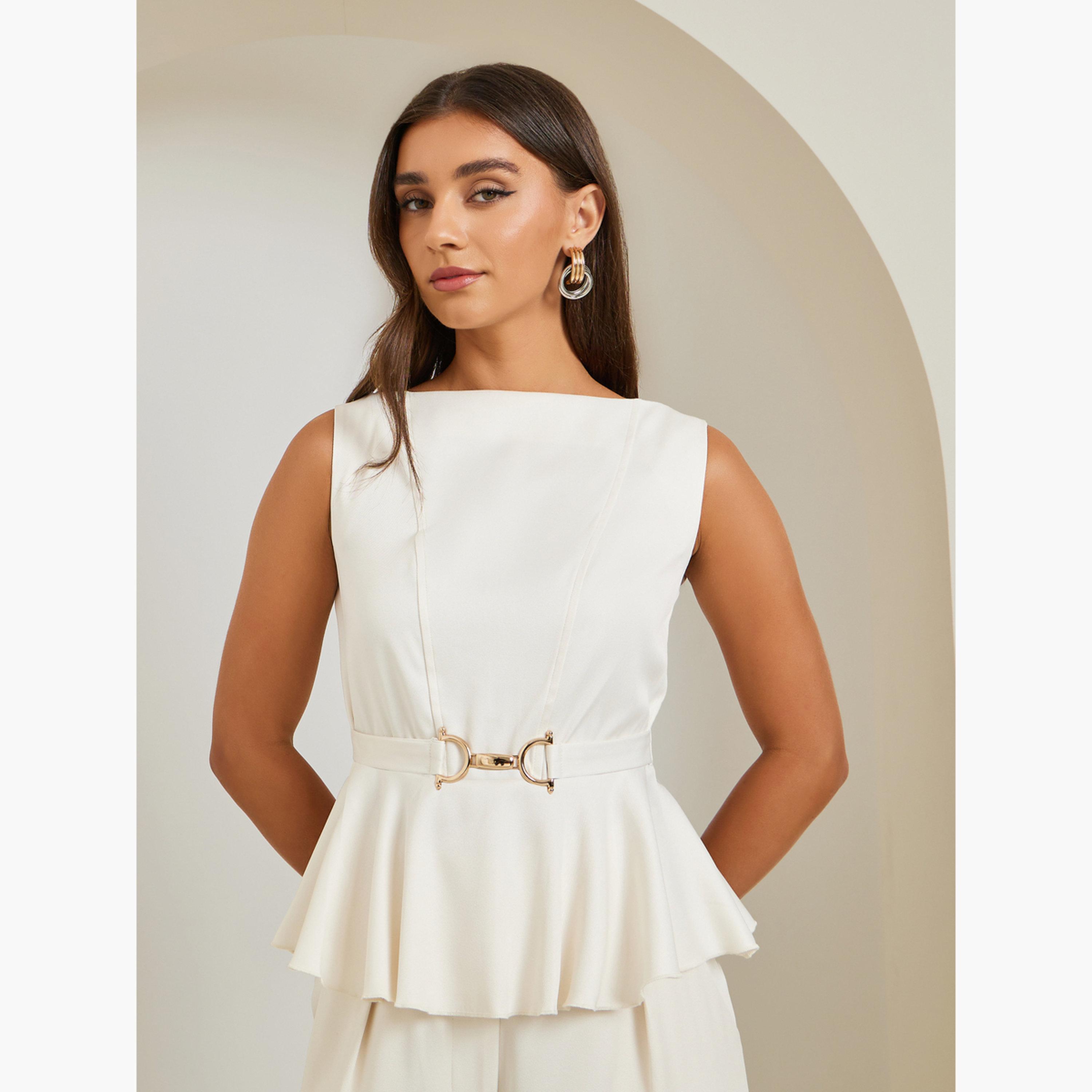طقم منسق من بلوزة بيبلوم بحزام وبنطال بأرجل واسعة-women-clothing-coordsets-image-2