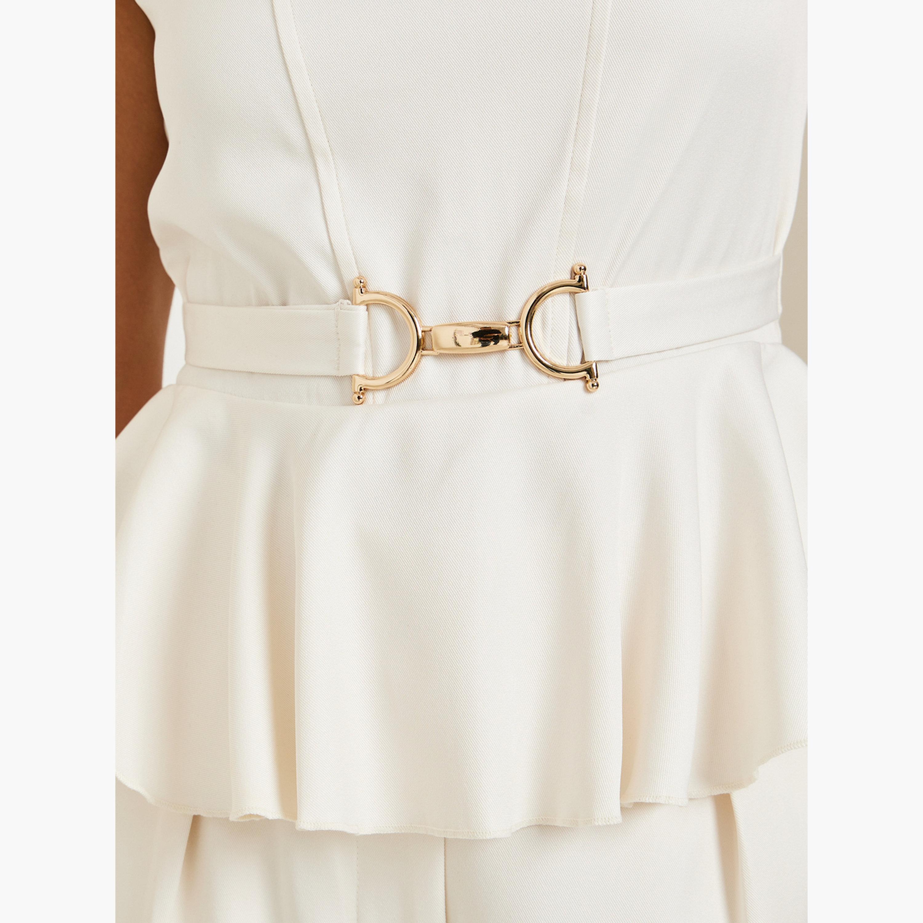 طقم منسق من بلوزة بيبلوم بحزام وبنطال بأرجل واسعة-women-clothing-coordsets-image-3