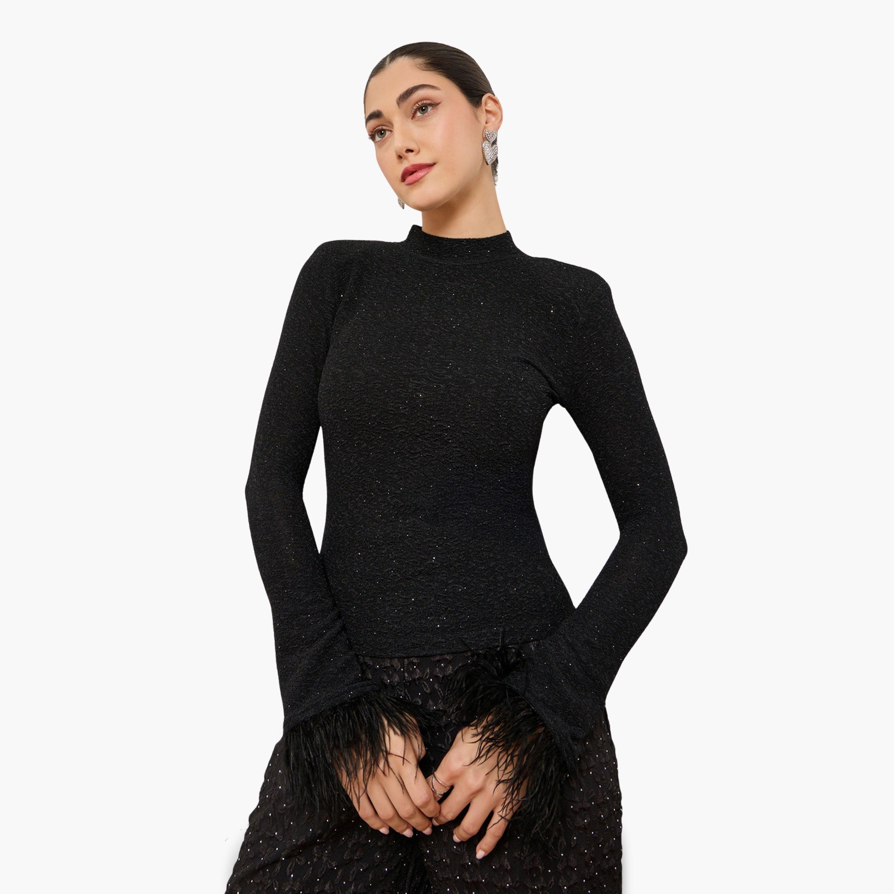 بلوزة محبوك بأساور ريش لون أسود-women-clothing-tshirts-image-1
