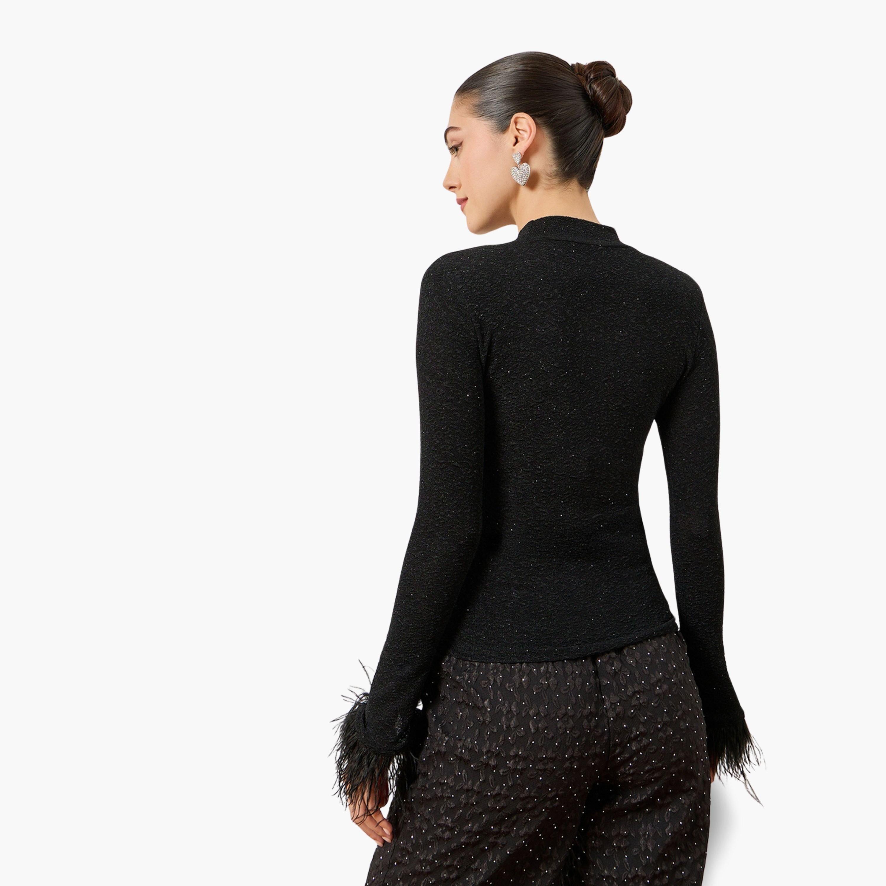 بلوزة محبوك بأساور ريش لون أسود-women-clothing-tshirts-image-5