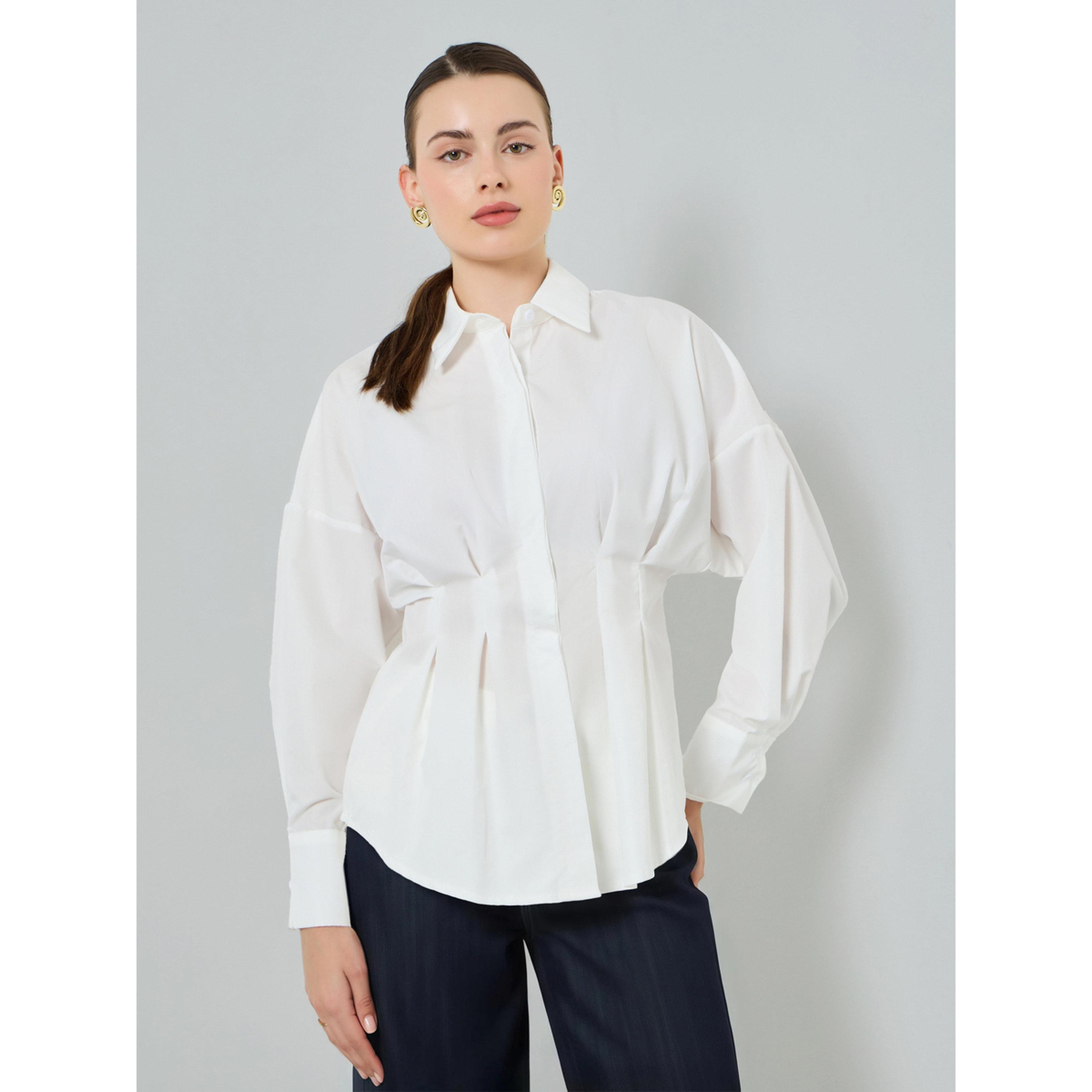 Styli Women White Long Sleeve Fold Pleated Shirt-women-clothing-shirtsandblouses-shirts-image-1