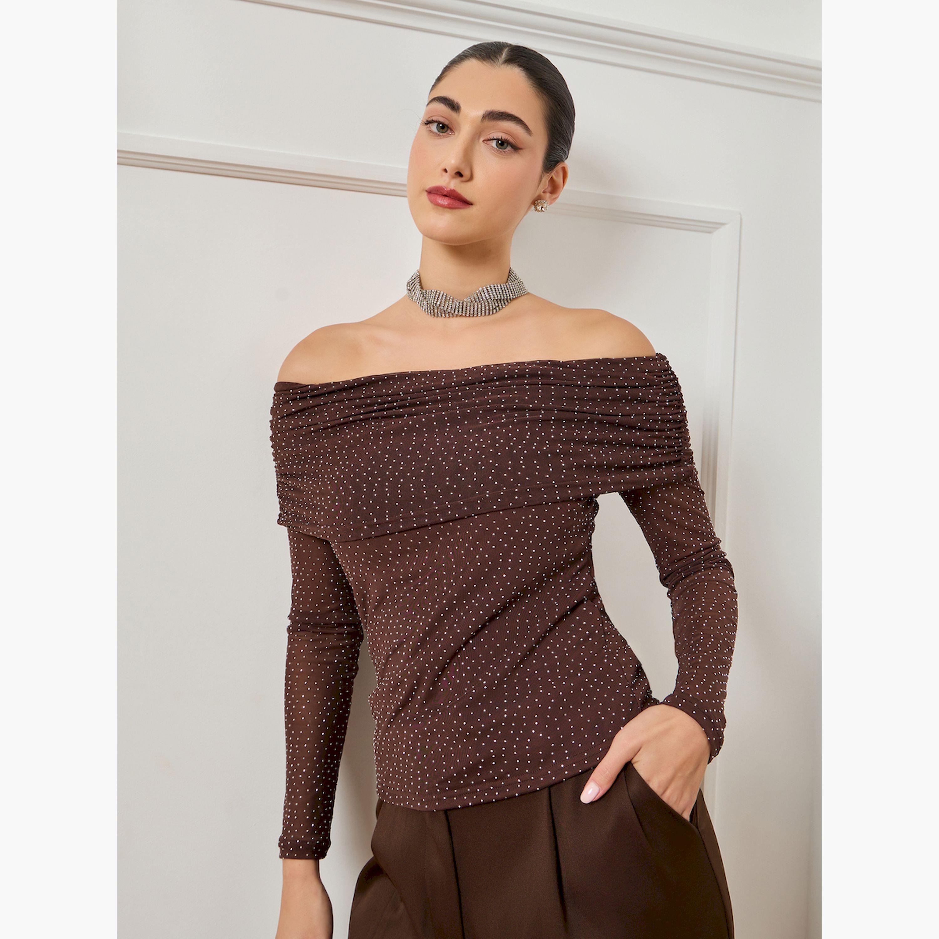 Styli Women Brown Off Shoulder Neck Sequin Top-women-clothing-shirtsandblouses-blouses-image-1