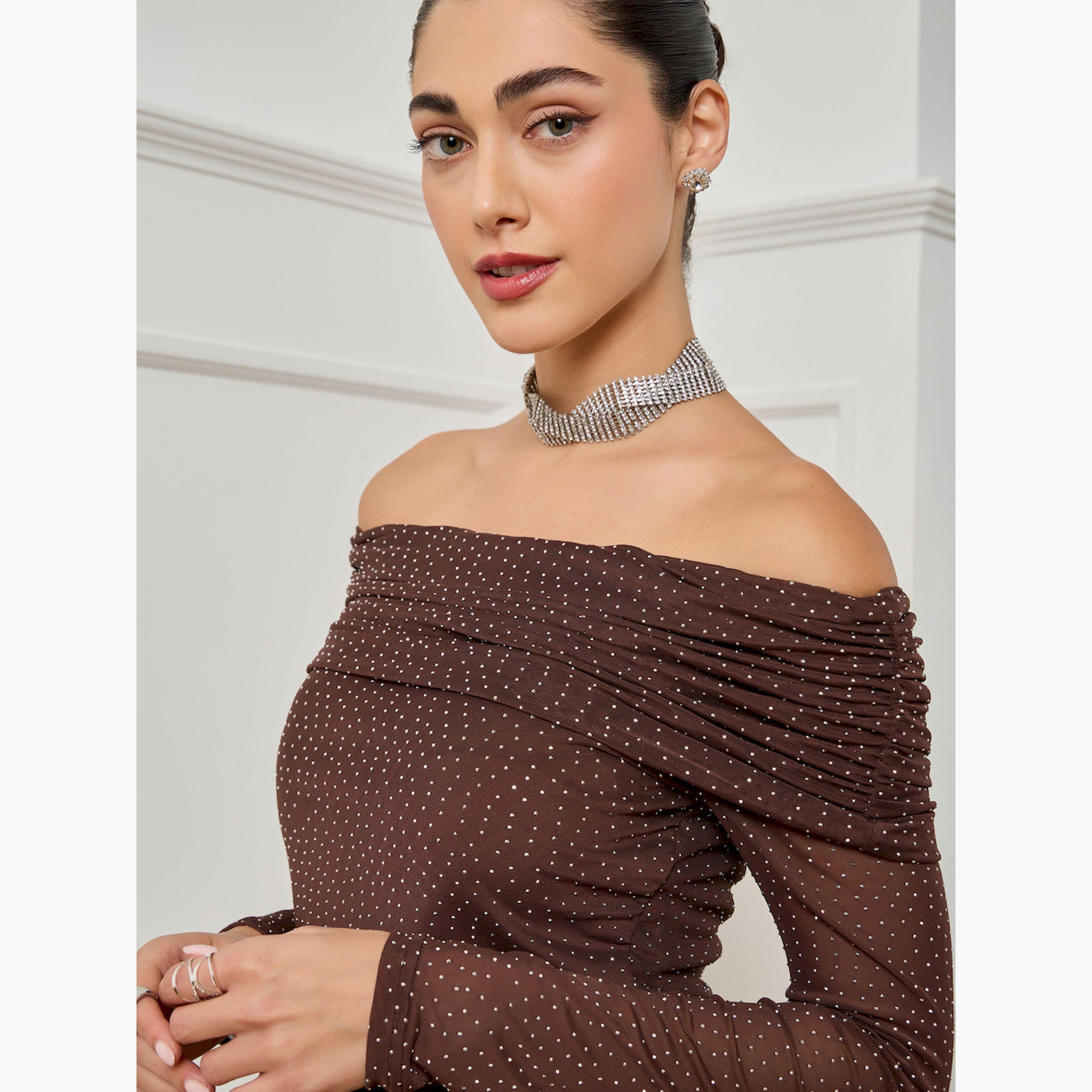 Styli Women Brown Off Shoulder Neck Sequin Top-women-clothing-shirtsandblouses-blouses-image-3