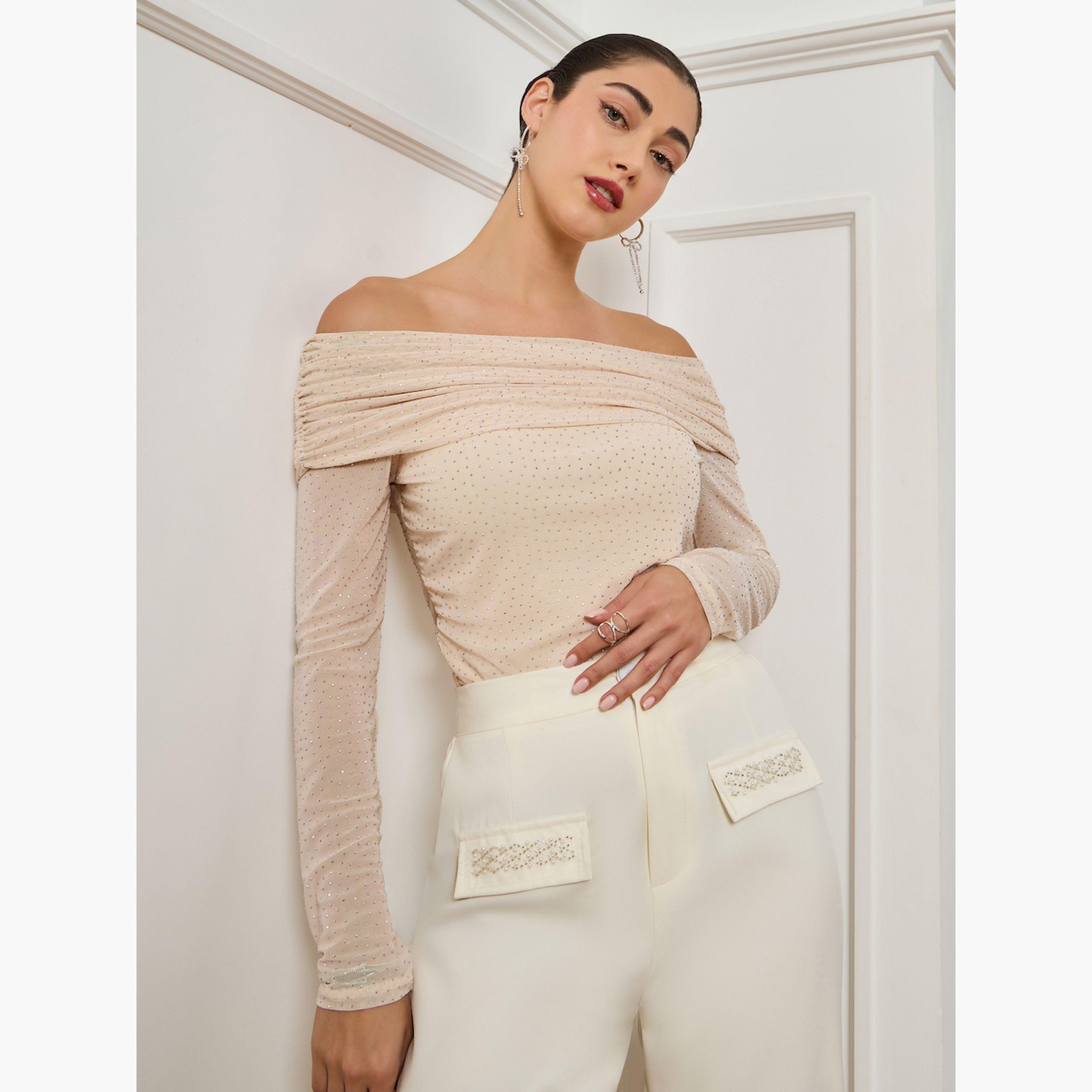 Styli Women Off-White Off Shoulder Neck Sequin Top-women-clothing-shirtsandblouses-blouses-image-1