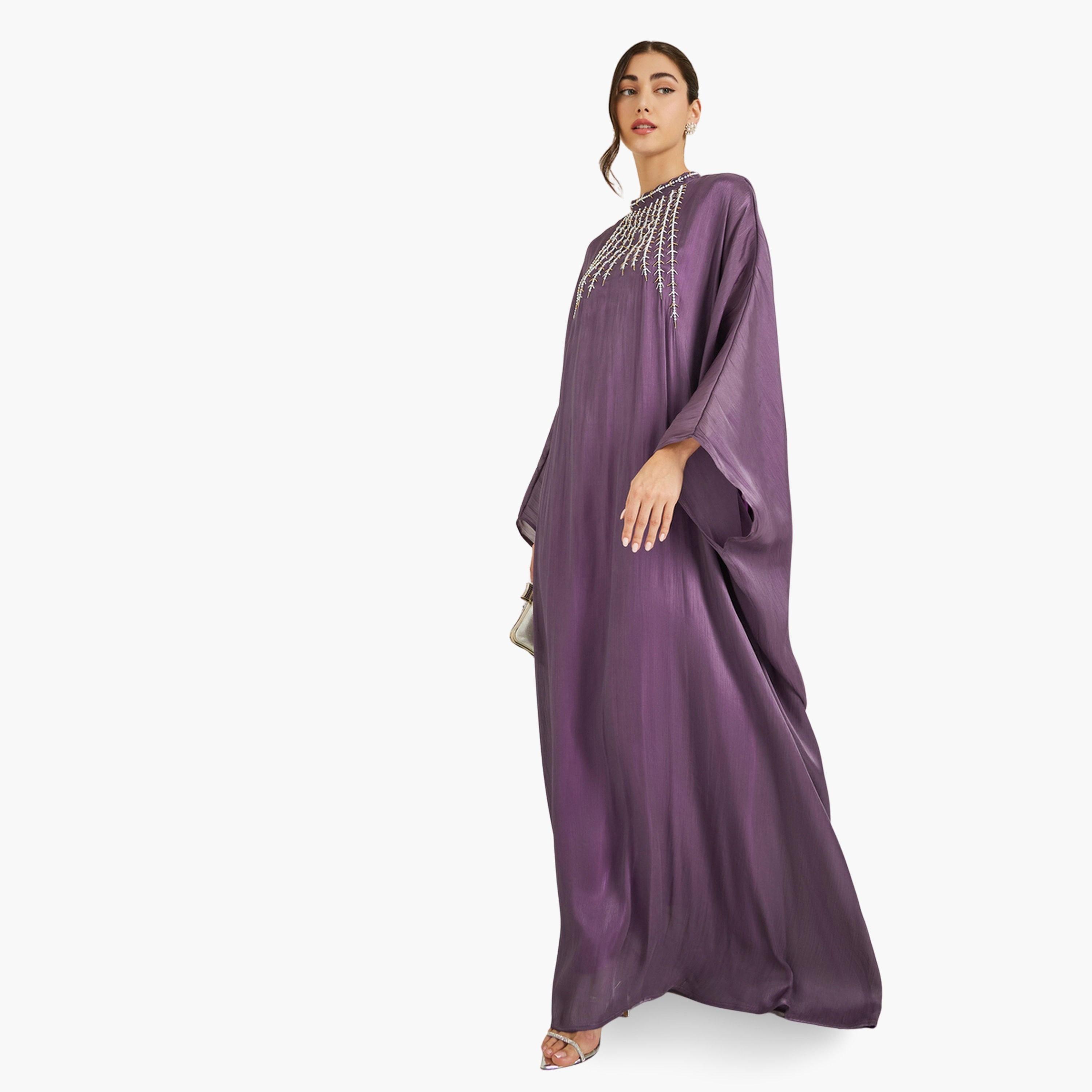 Styli Women Purple Embroidered Maxi Kaftan-women-arabicclothing-kaftan-image-1
