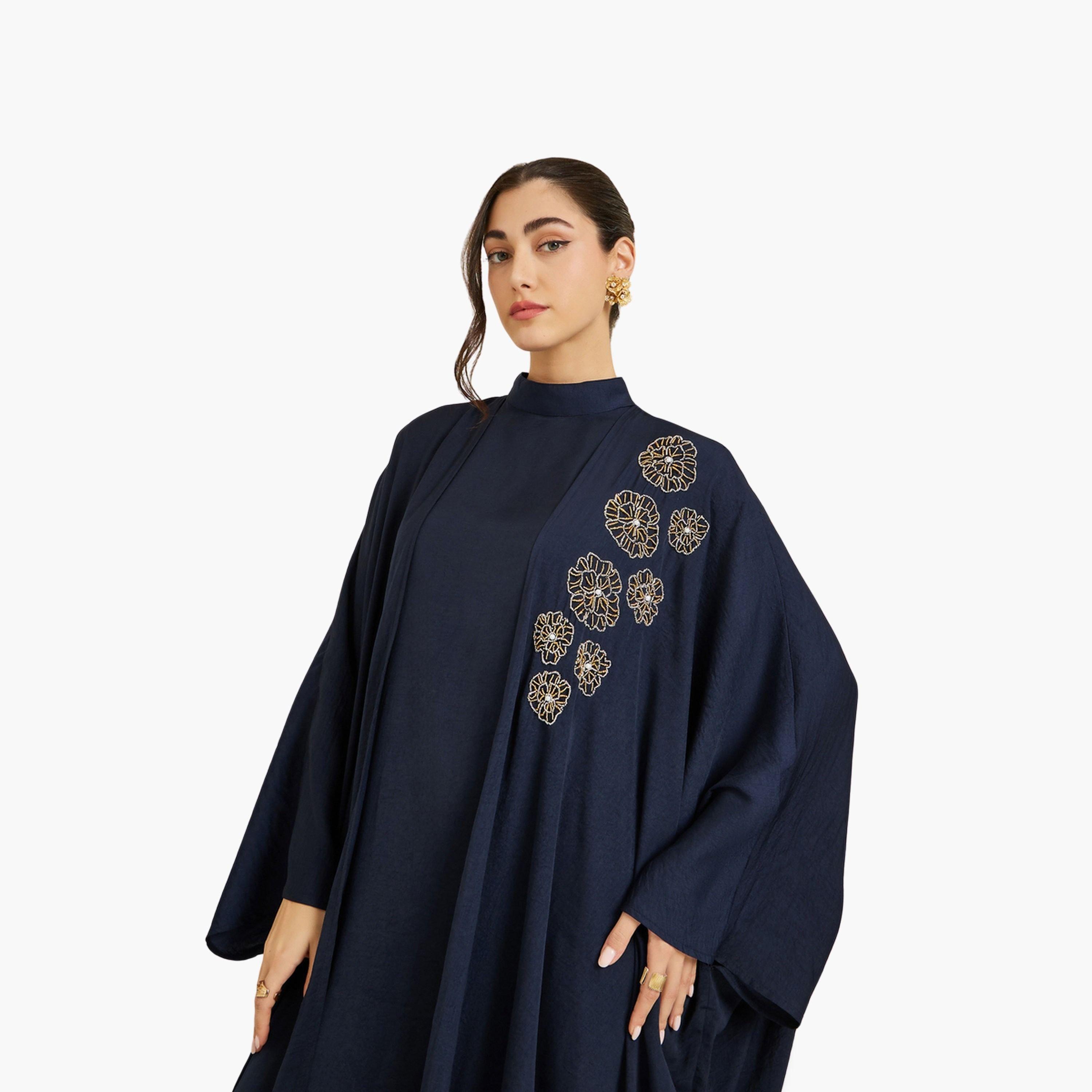 Styli Women Navy Blue Embroidered Abaya with Jalabiya Set-women-arabicclothing-jalabiyas-image-2