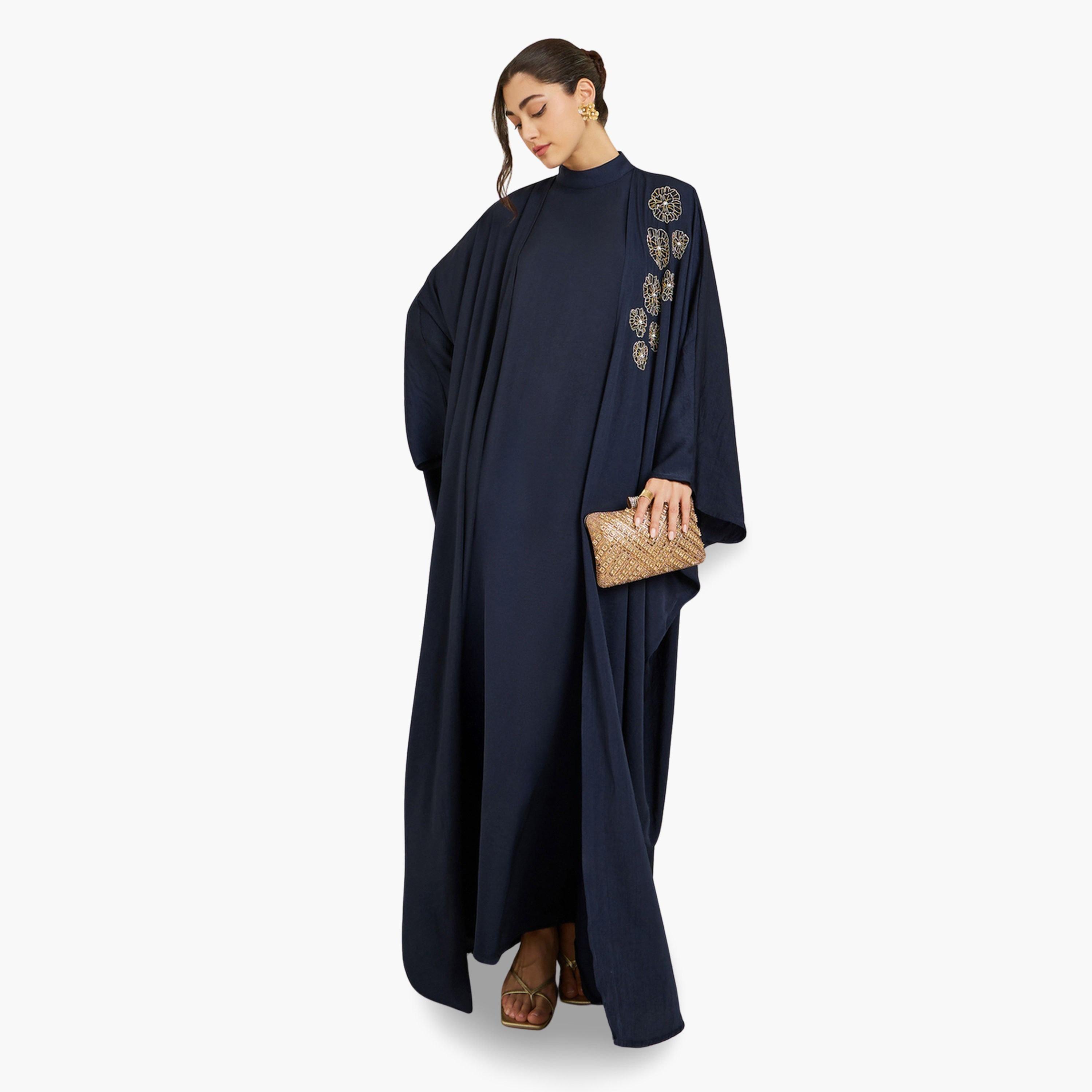 Styli Women Navy Blue Embroidered Abaya with Jalabiya Set-women-arabicclothing-jalabiyas-image-3