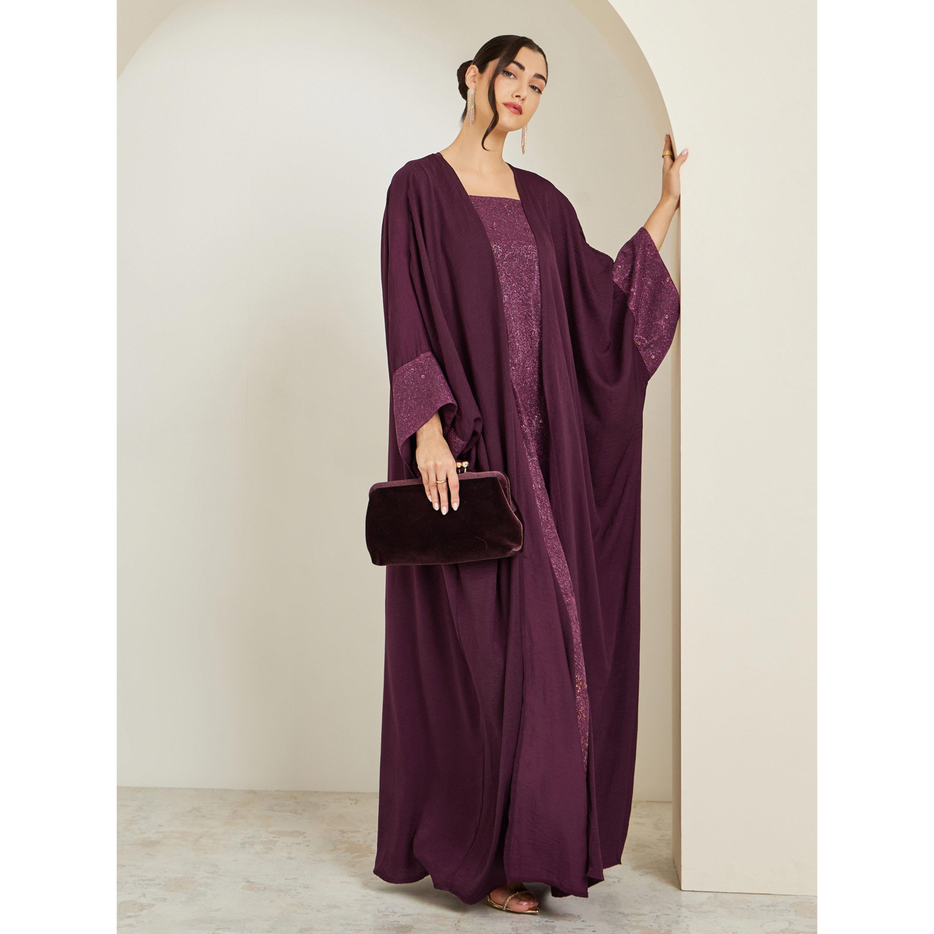 Styli Women Burgundy Embellished Abaya with Inner Dress Set-women-arabicclothing-sets-image-1